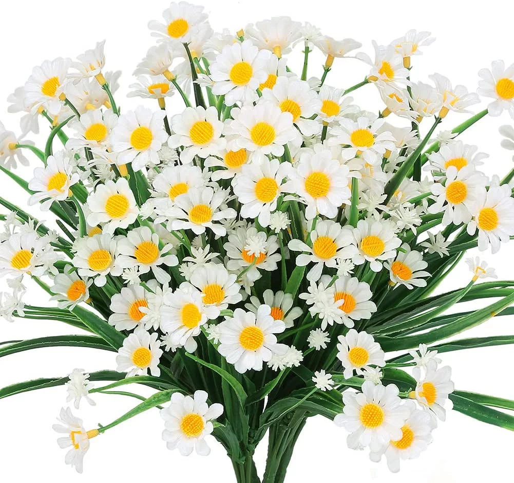 Sinhoon Artificial Daisies Flowers Outdoor UV Resistant 4 Bundles Fake Foliage Greenery Faux Plants Shrubs Plastic Bushes for Window Box Hanging Planter Farmhouse Indoor Outside Decor(White)