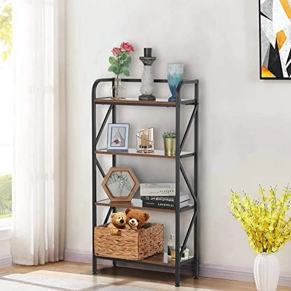 TJUNBOLIFE 4 Tier Bookshelf  47" Free Standing Bookcase  Modern Metal Frame Book  for Living Room Home Office  Rustic Brown