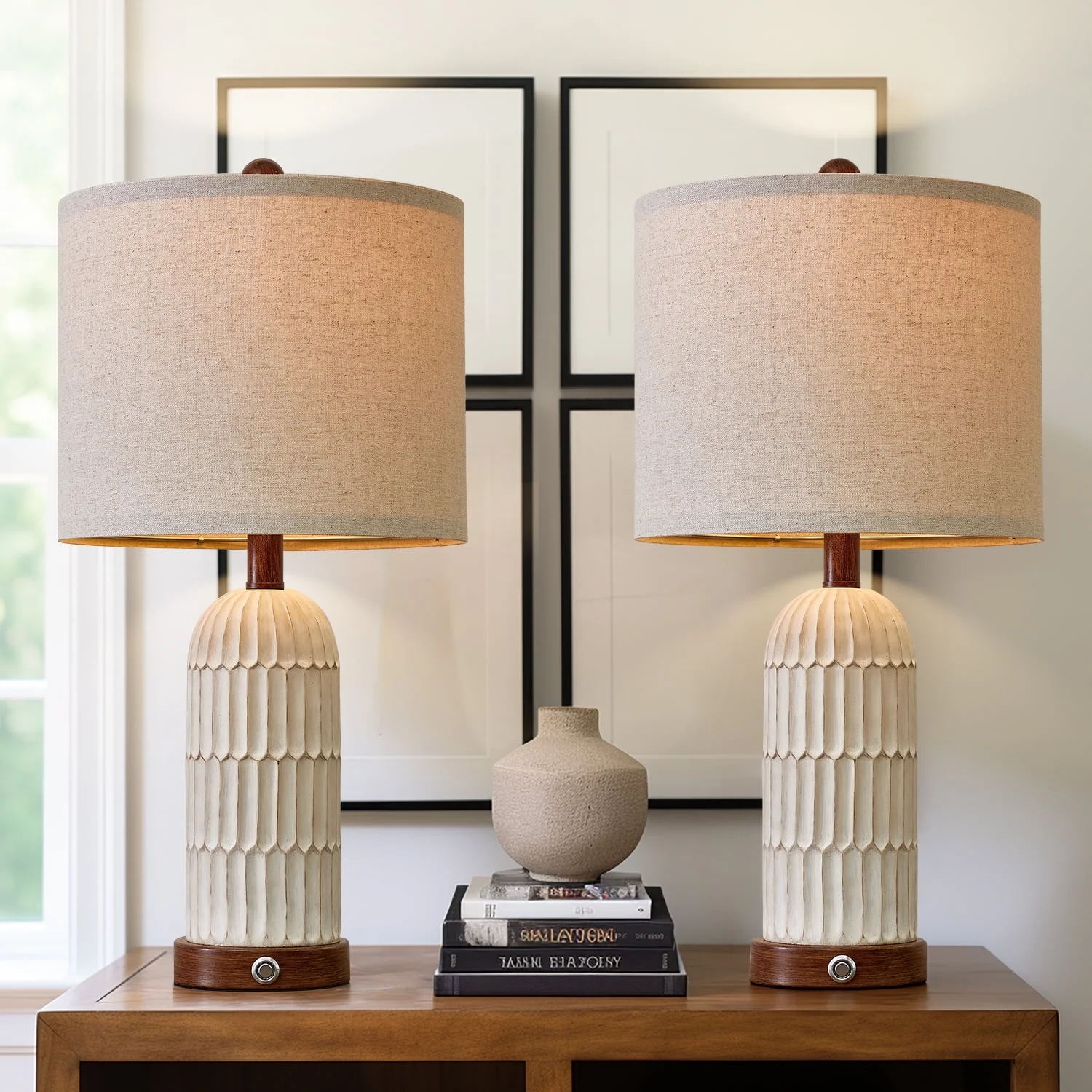 Oneach 3 Way Dimmable Rustic Table Lamp Set of 2 with USB Ports, 22.5