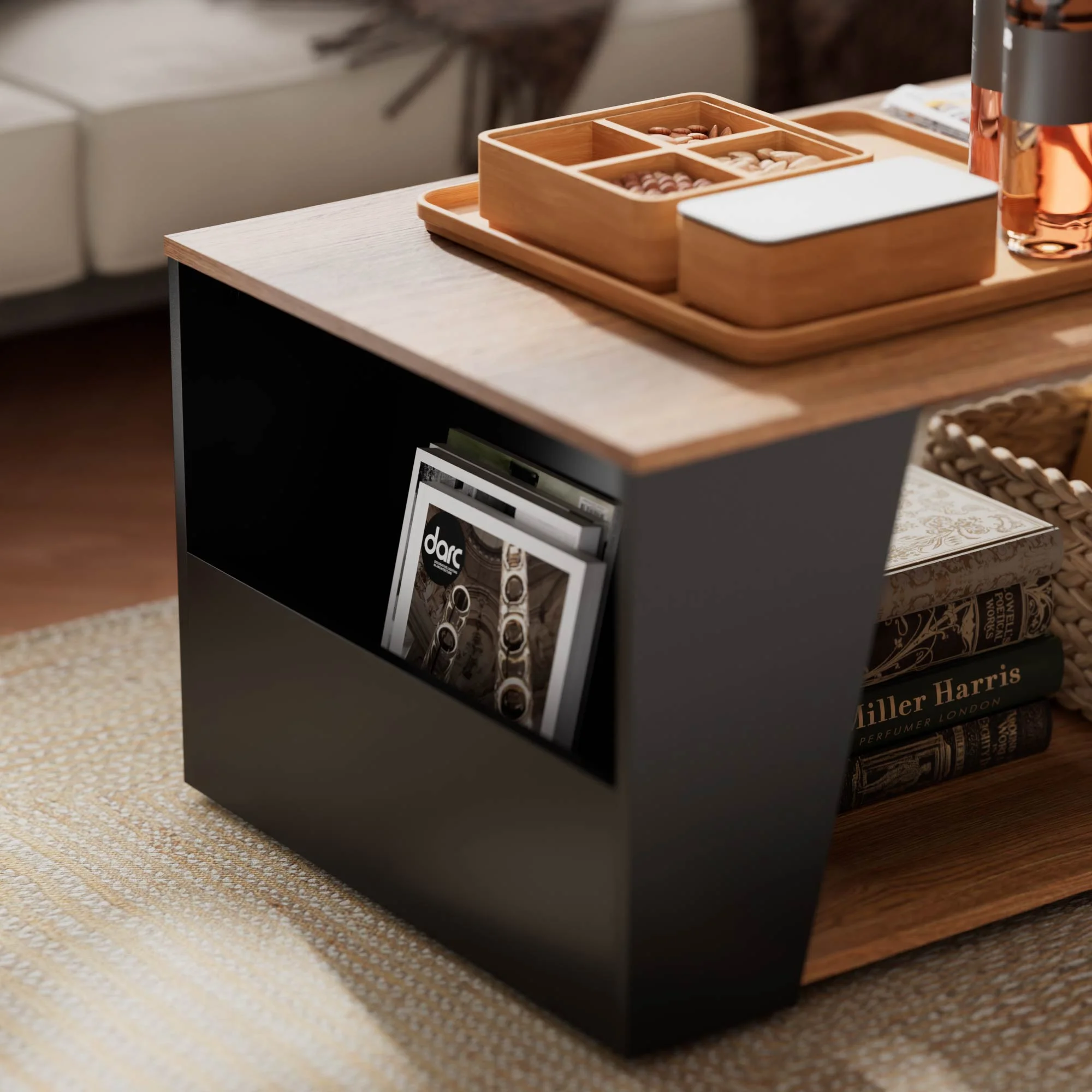 SunsGrove Rustic 2-Tier Coffee Table, Wood Center Table with Oblique Insert Storage, Rectangular Coffee Table with Metal Frame & Open Storage Design, Living Room/Home/Office, Walnut