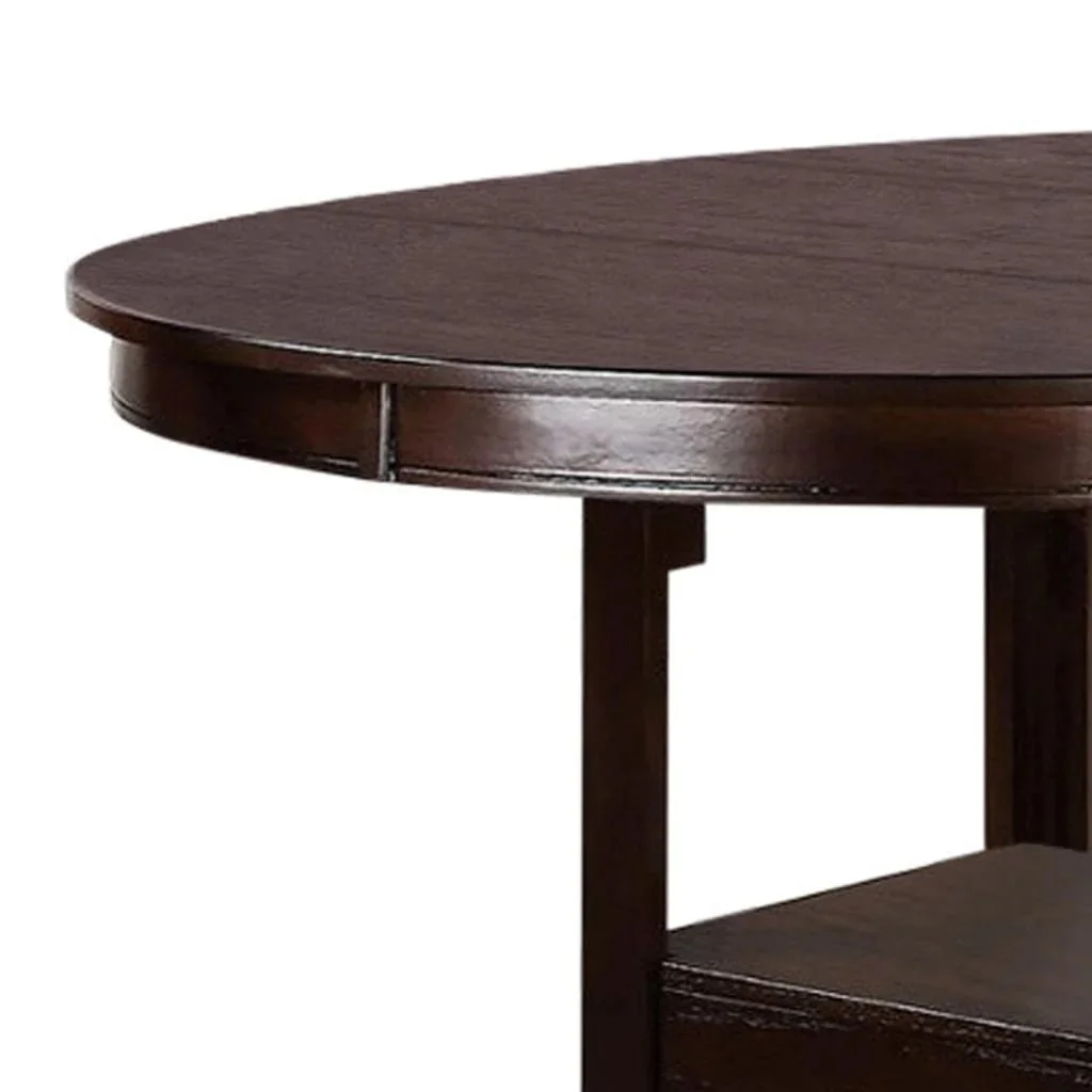 Elegant Dark Rosy Brown Solid Wood Round Counter Height Dining Table with Shelve - 1 Piece Table Only