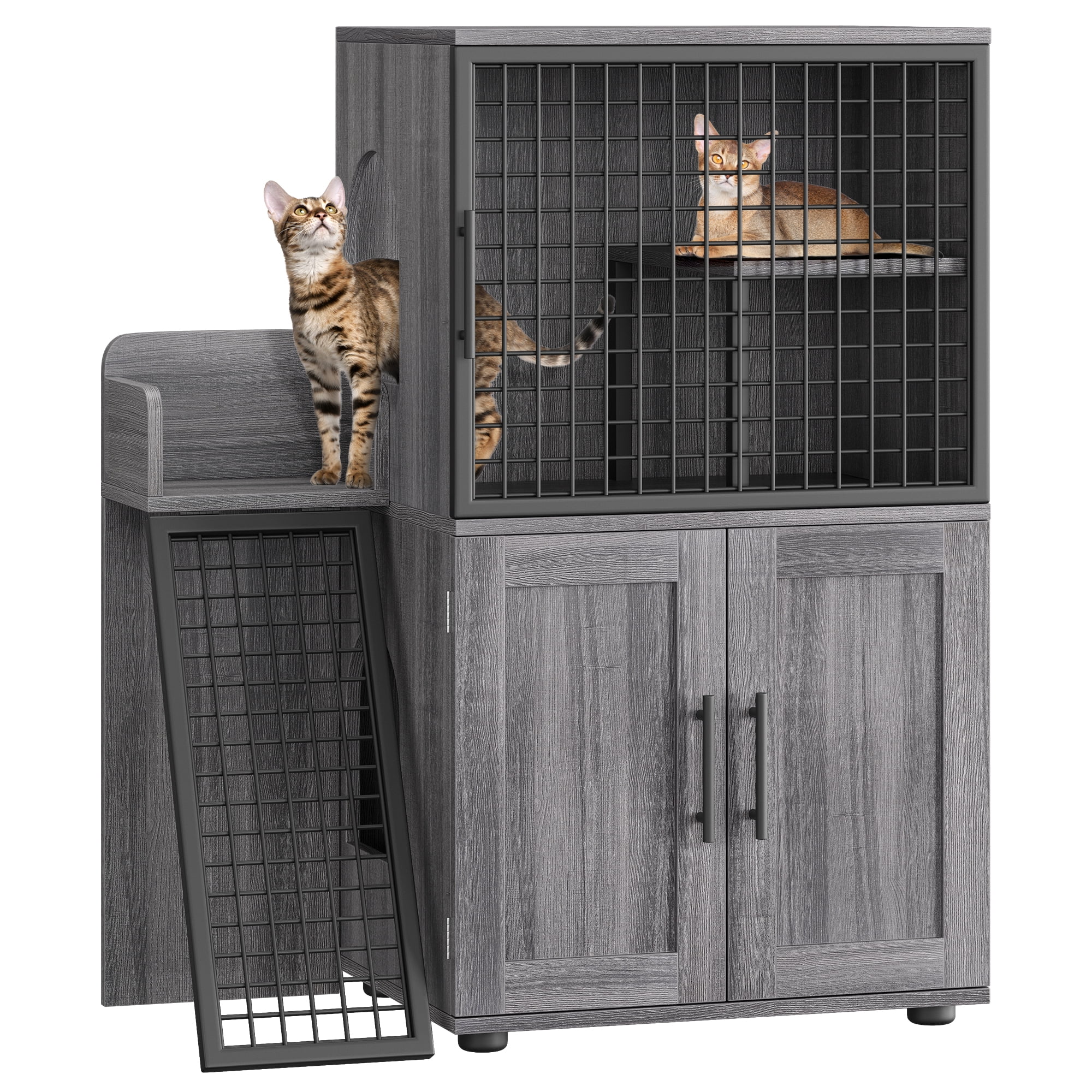 Towallmark 2 In 1 Hidden Litter Box Enclosure Furniture, 2 Storage Racks And 2 Drawers, Litter Box With Platform, Ladder, Indoor Cat Washroom, Rustic Grey