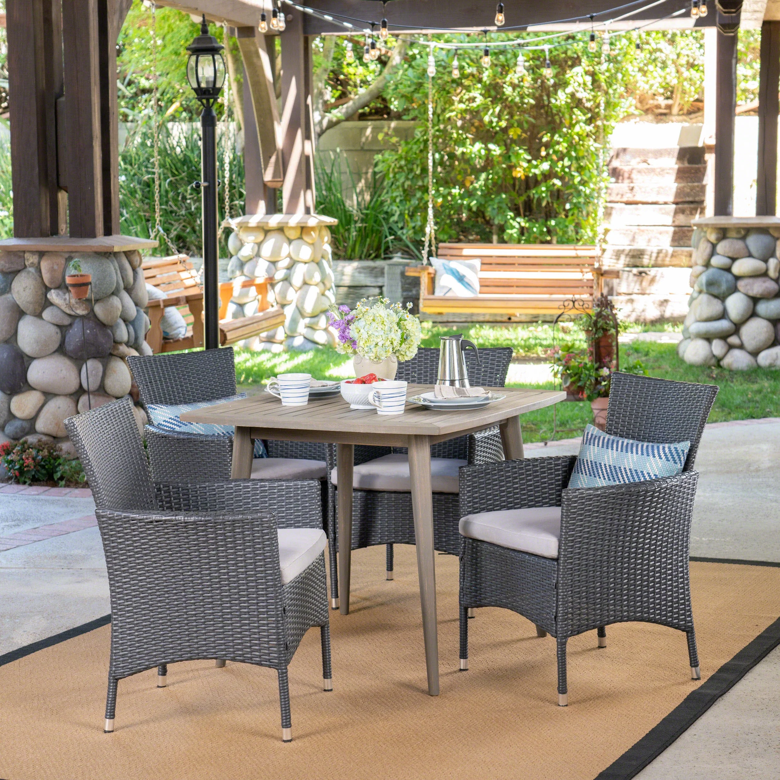 Lainey Outdoor 5 Piece Acacia Wood and Wicker Dining Set, Gray, Gray