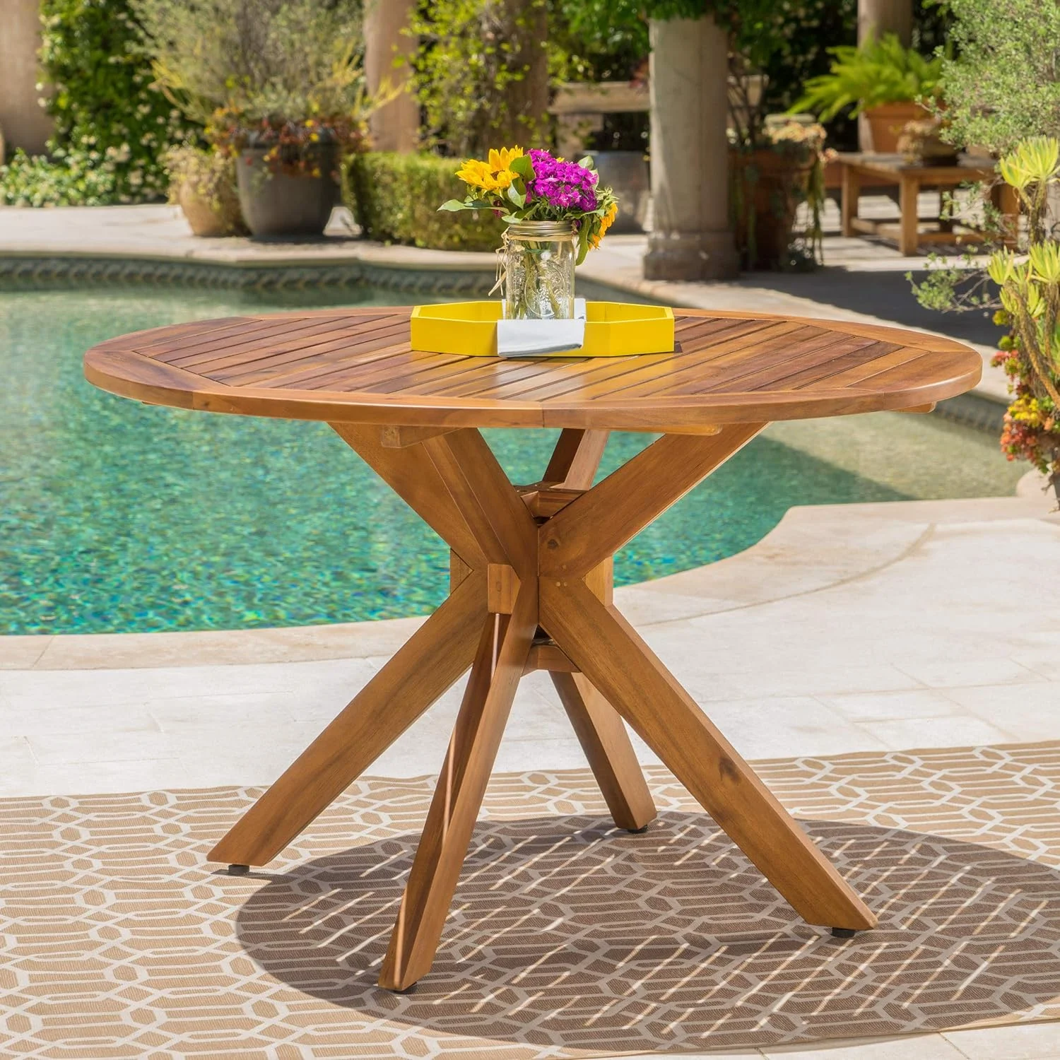 Stamford Outdoor Acacia Wood Round Dining Table, Teak Finish