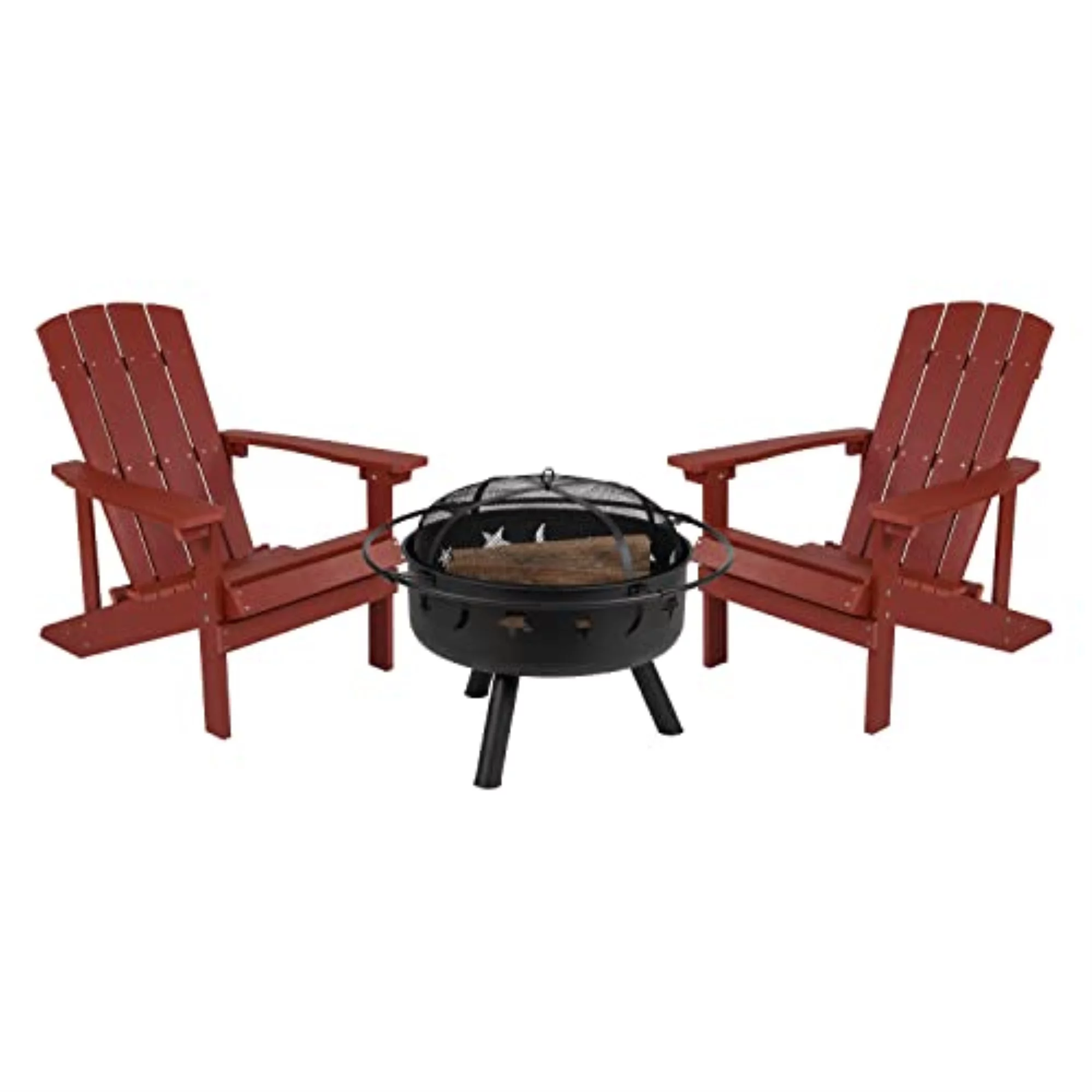 Flash Furniture Charlestown 3 Pcs Iron Wood Burning Fire Pit Set With Adirondack Chairs, Red
