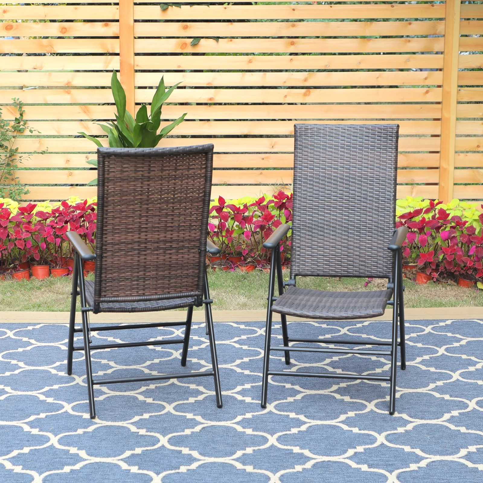 MF Studio Set of 2 Outdoor Patio Folding Chairs 7-level Adjustable Rattan Recliner, Dark Brown&Black