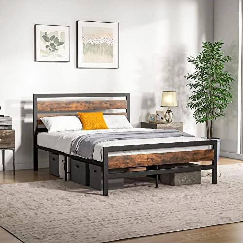 GVJMTKP Queen Metal Bed Frame with Charging Station  Industrial Platform Bed with  Headboard  Heavy-Duty Mattress Foundation  Easy Assembly  No Box Spring Needed  Rustic Brown