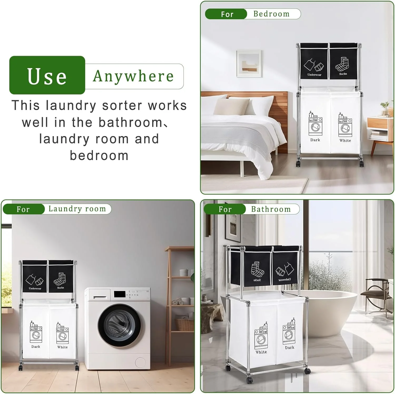 Vertical Laundry Sorter with Wheels - Divided Hamper Organizer, 4 Removable Bags