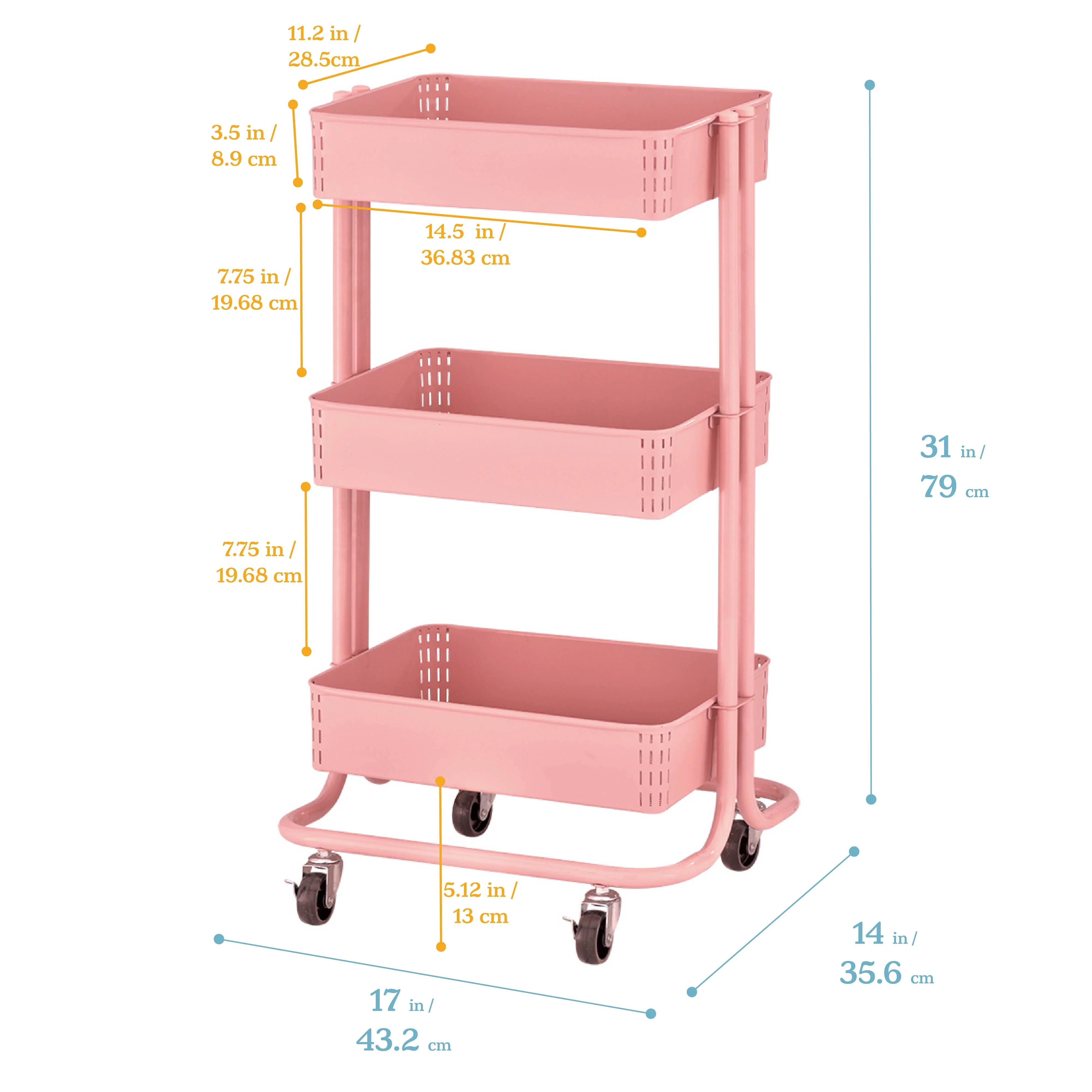 ECR4Kids 3-Tier Metal Rolling Utility Cart, Pink