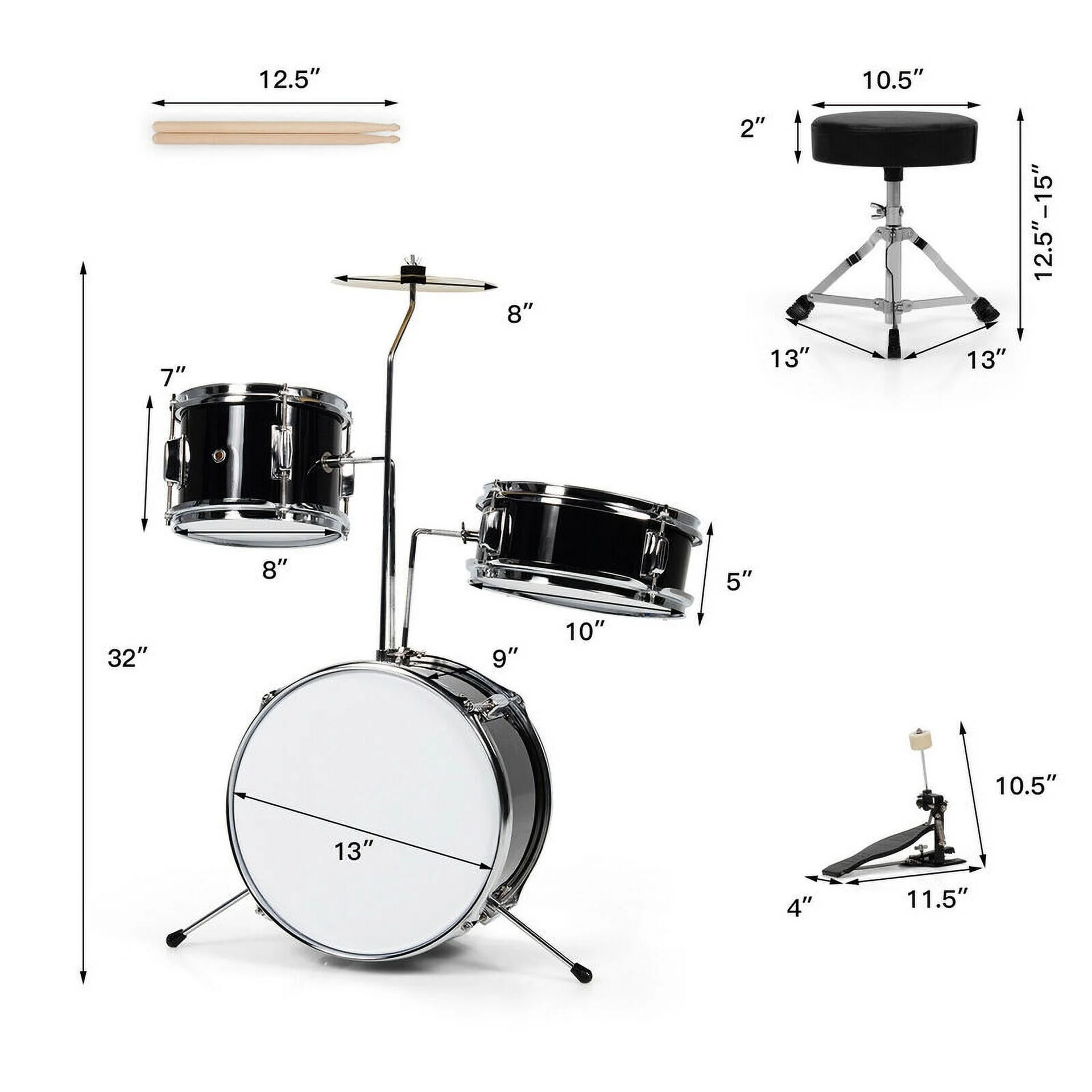 13-Inch 3-Piece Kids Junior Drum Set - Beginner Drum Kit with Tom, Snare, Bass Drum (Black)