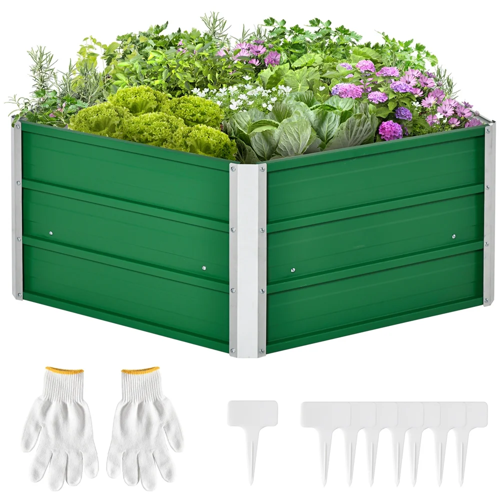 Yone jx je 40'' x 16'' Hexagon Metal Raised Garden Bed, Elevated Large Corrugated Galvanized Steel Planter Box w/ Install Gloves for Backyard, Patio to Grow Vegetables, Herbs, and Flowers, Green