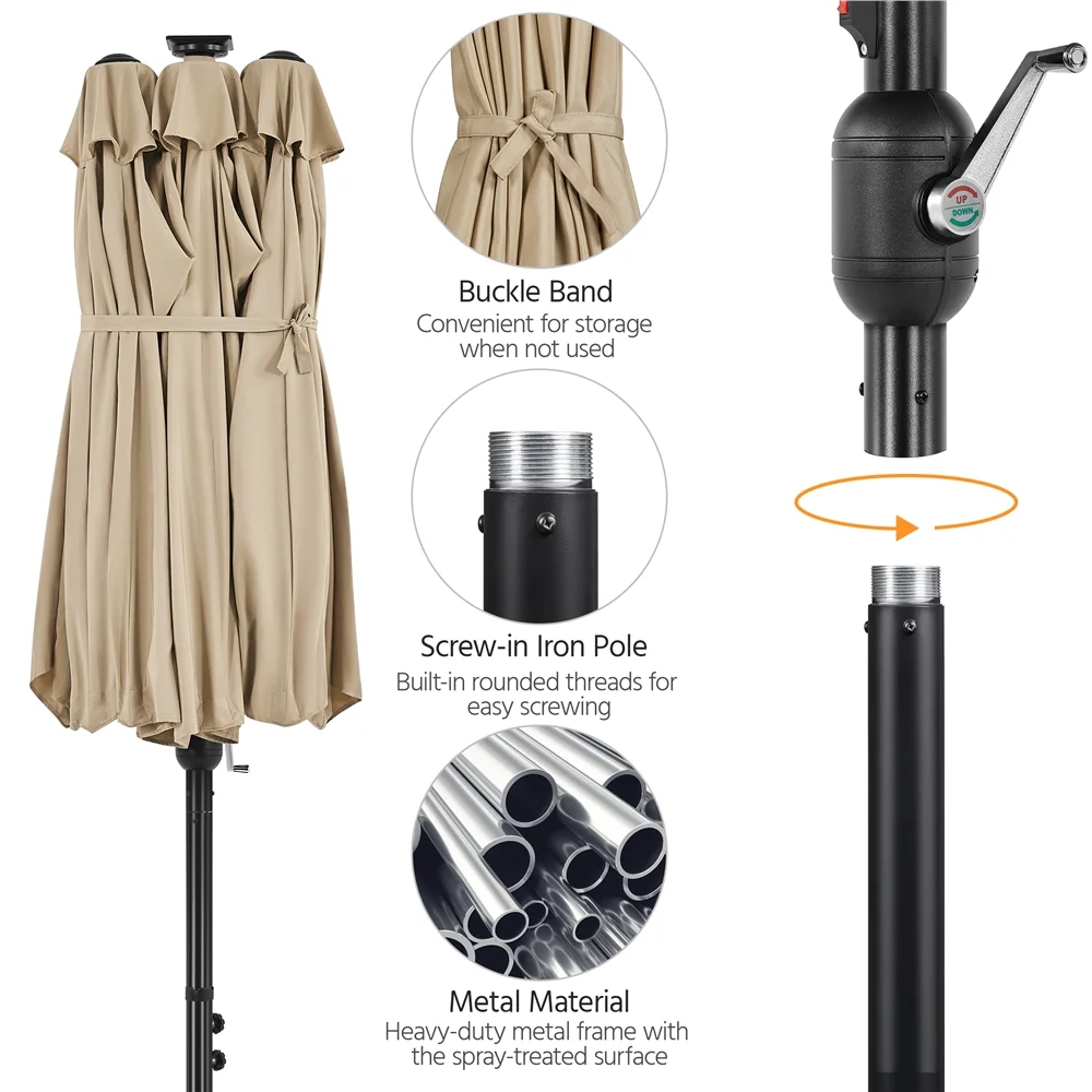 Topeakmart 13ft Patio Parasol Umbrella with Solar Lights, Tan