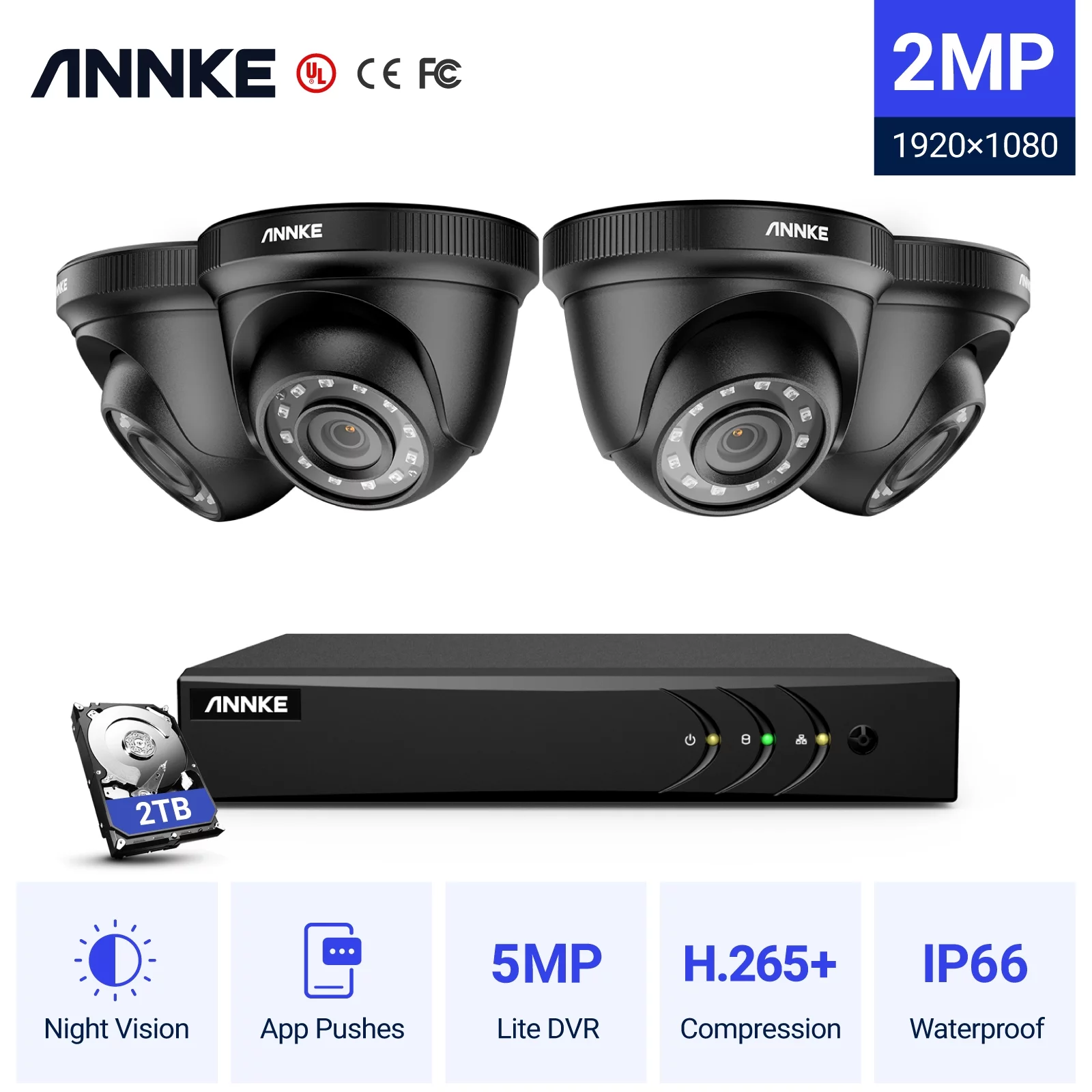 ANNKE 8 Channel 1080p Video Surveillance System with 4pcs 1080P HD Cameras,Motion Alert, Remote Access，2TB Hard Drive