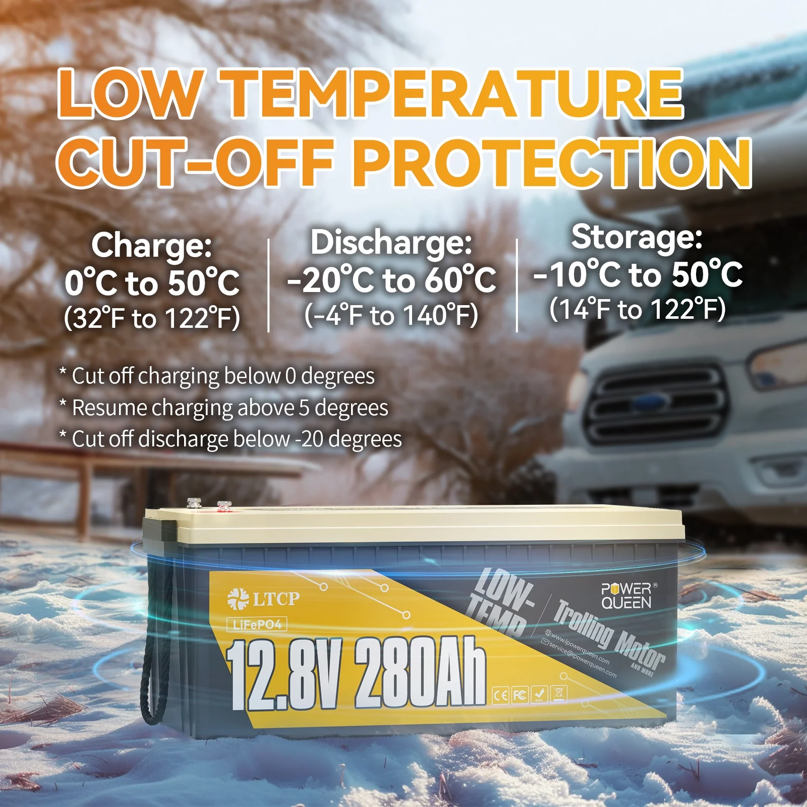 Power Queen 12V 280Ah Low-Temp Protection LiFePO4 Lithium Battery with 200A BMS For Solar RV Marine Off-grid