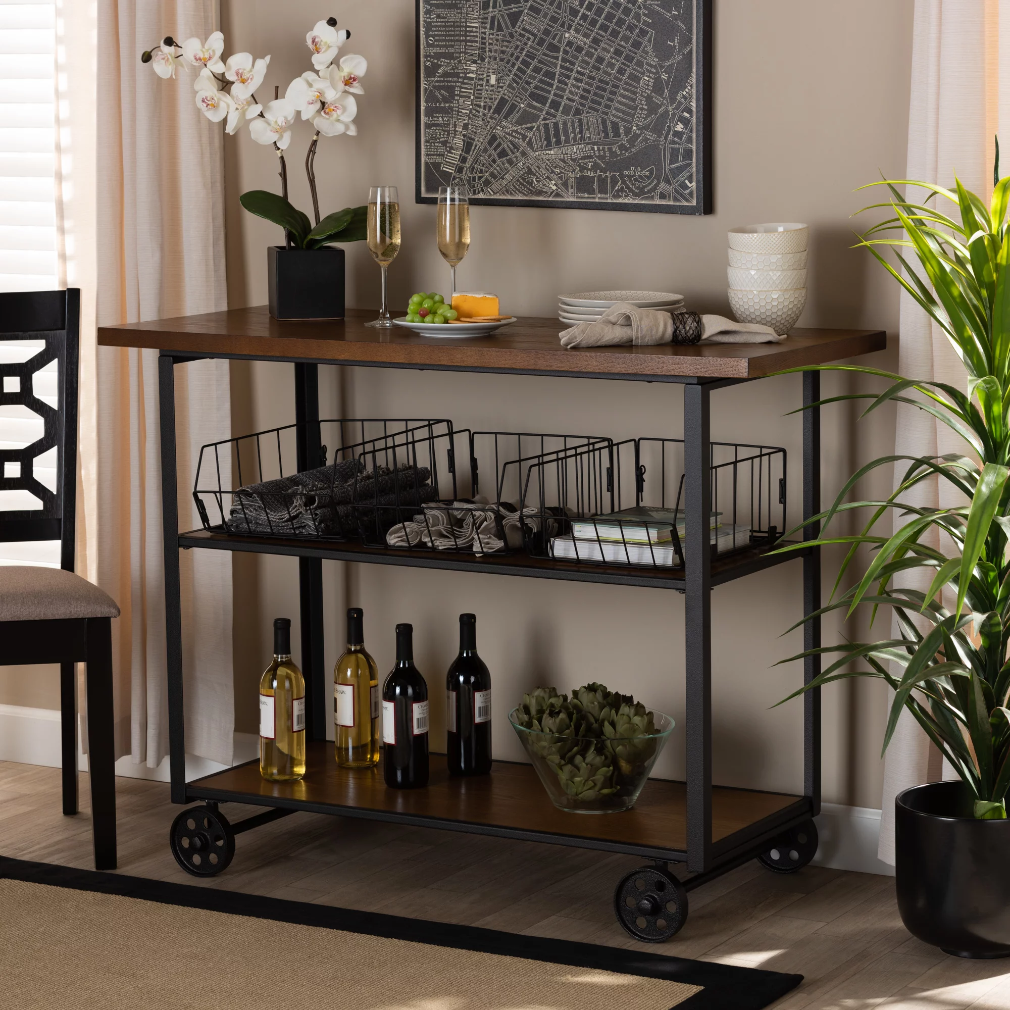 Baxton Studio Felix Industrial Wood and Metal 3 Tier Mobile Console Table, Walnut/Black