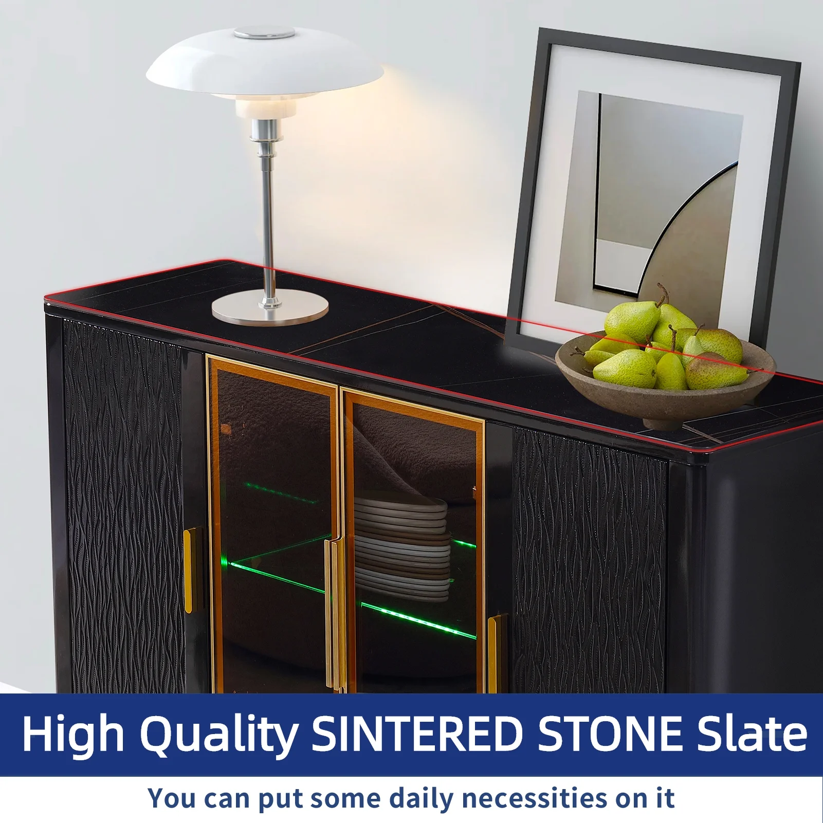 Sideboard Buffet Cabinet Bar with Glass Doors and Lights,Kitchen Accent Cabinet Cupboard Buffet Table with 2 Tier Storage Shelves Case Display for Dining Room,Living Room,Hallway,Black