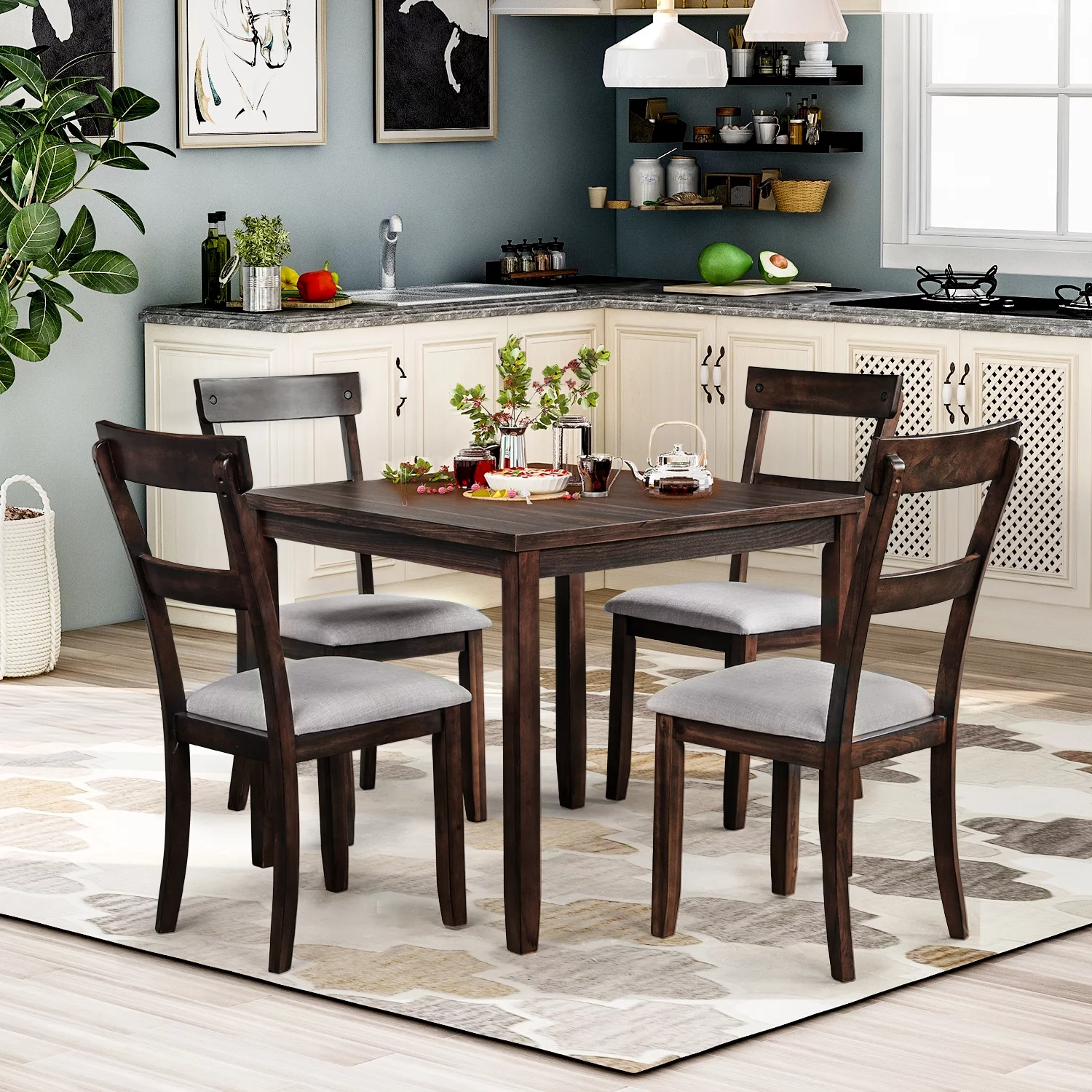 Euroco Wood 5 Piece Dining Table Set with Cushions, Brown
