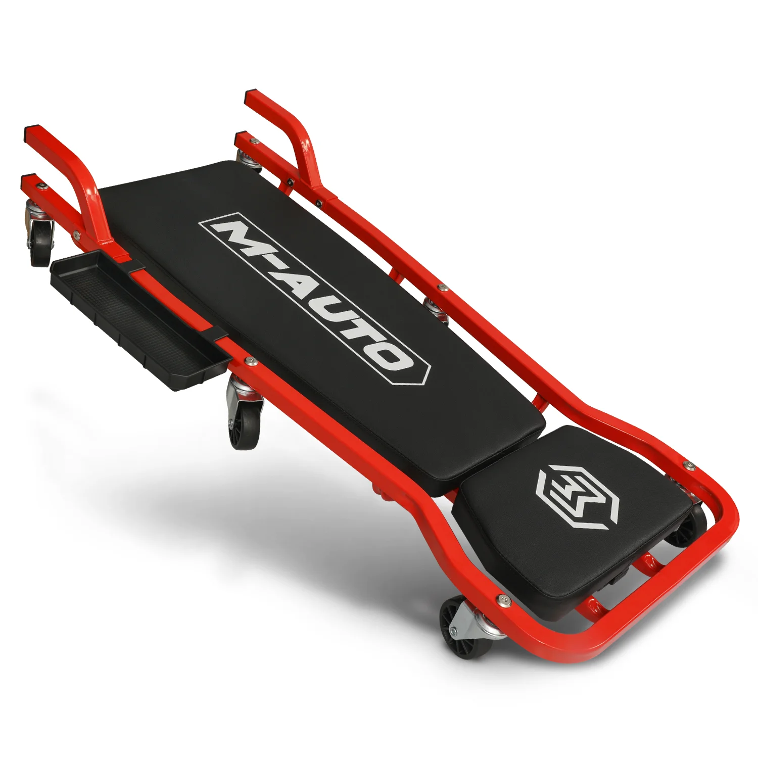 M-AUTO 42.5 Inches Upholstered Rolling Creeper Mechanic Cart with Adjustable Headrest & Handle and 6 Casters, 300 lbs Capacity, Red