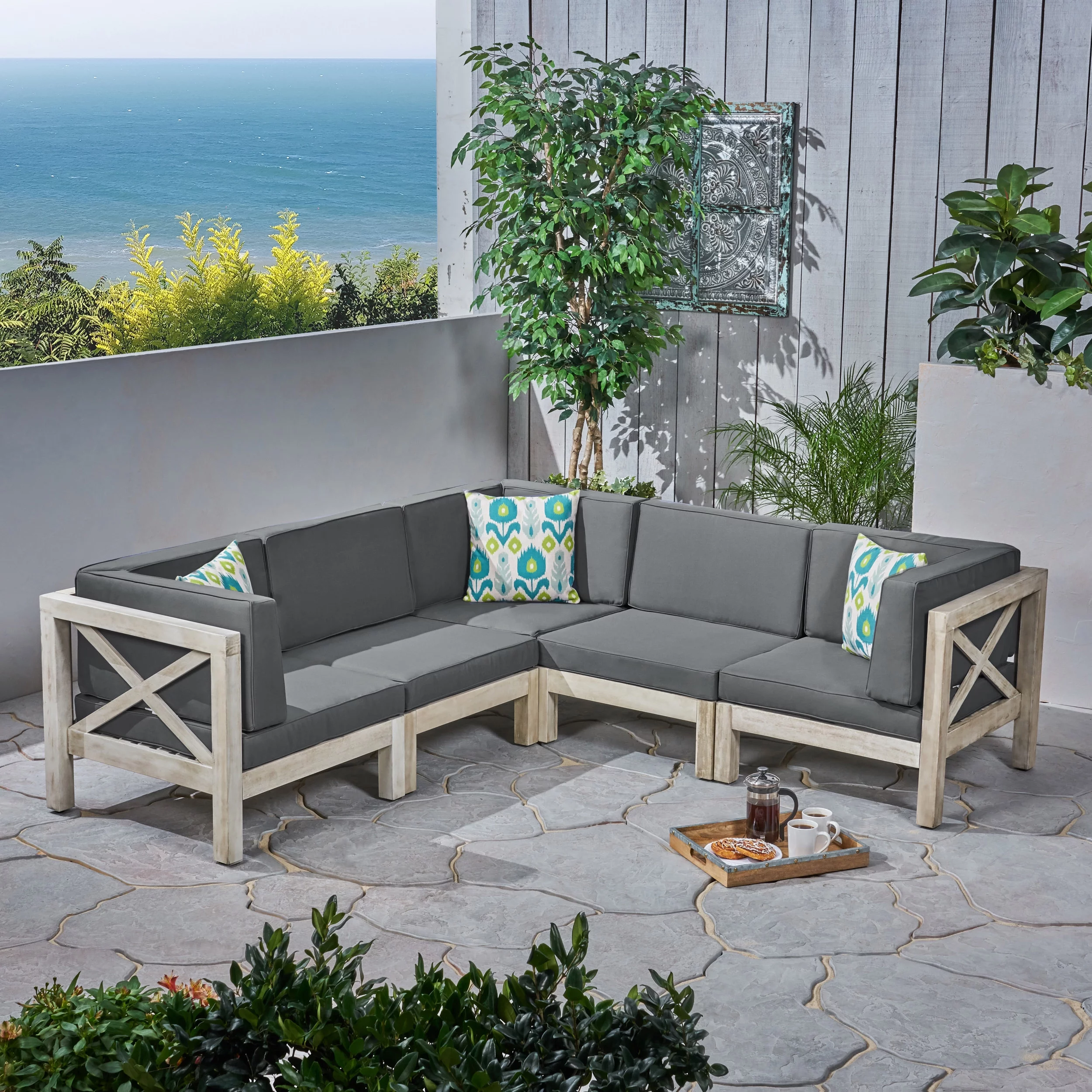 GDF Studio Keith Outdoor Acacia Wood 5 Seater Sectional Sofa Set, Gray
