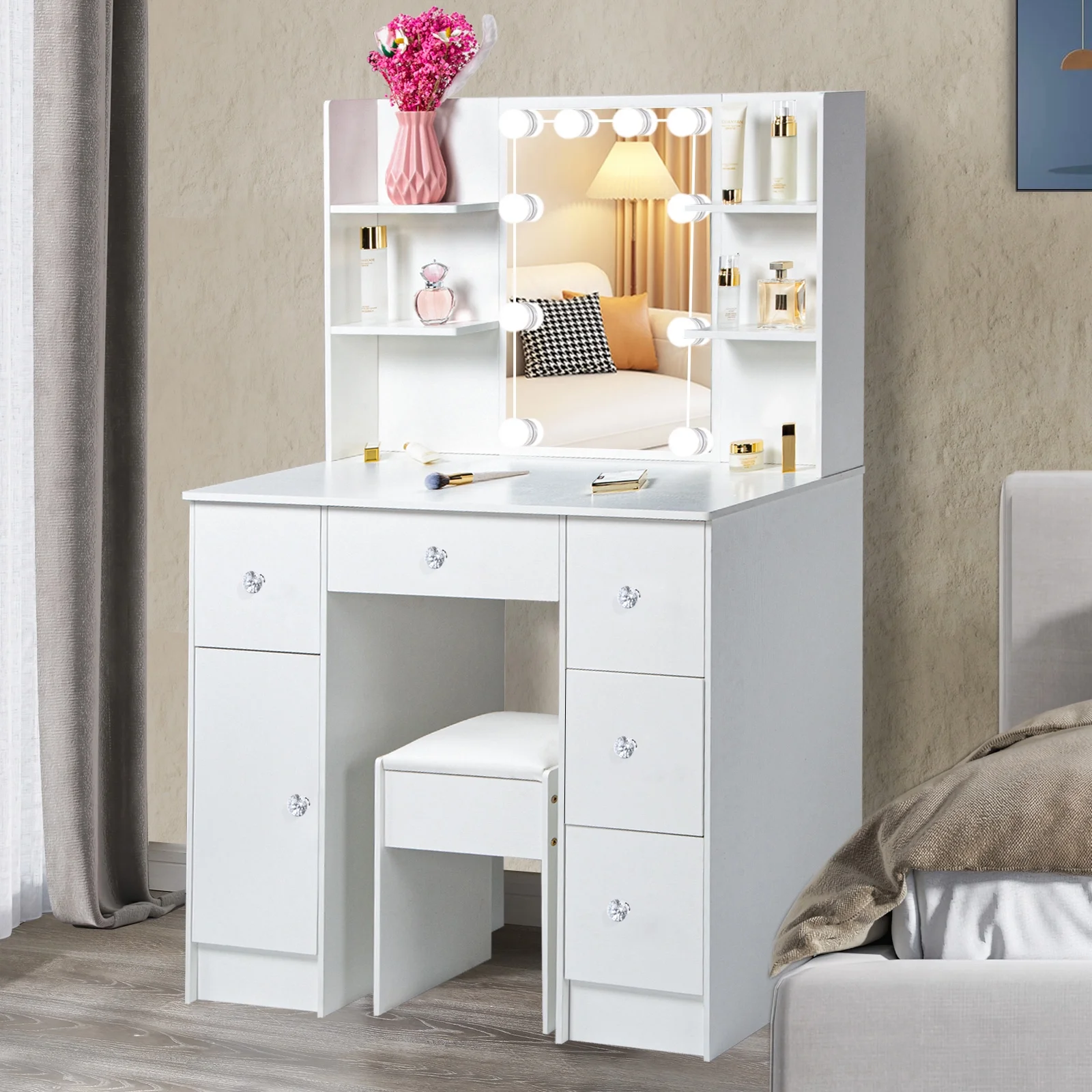 Yamissi Makeup Vanity Set with Lighted Mirror, Makeup Vanity Desk with Drawers and Cabinet, Vanity Dressing Table with Stool, White