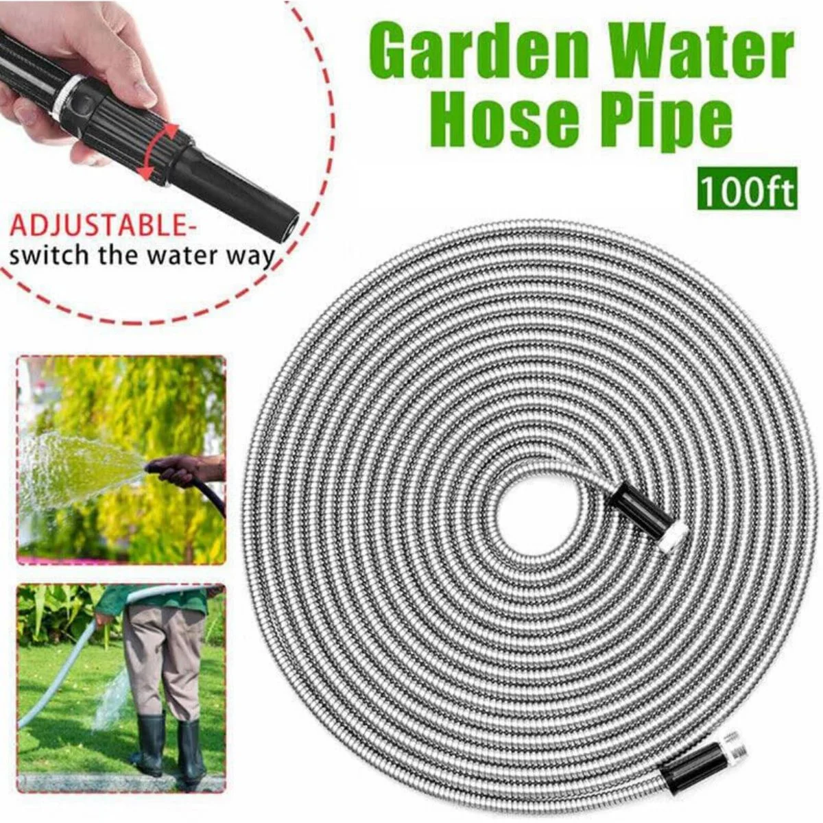 LUVCMFT Metal Garden Hose 50FT Flexible Garden Water Hose with Solid Metal Fittings and Spray Nozzle Stainless Steel Water Hose No-Tangle & No-Kink Durable and Lightweight