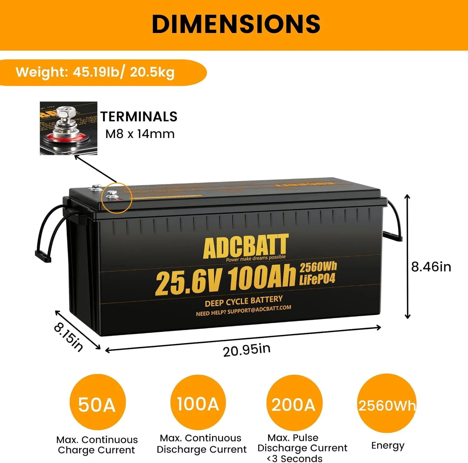 Adcbatt 24V 100Ah LiFePO4 Battery with Low Temp Charge Cut-off for Camping, Home Backup, RV