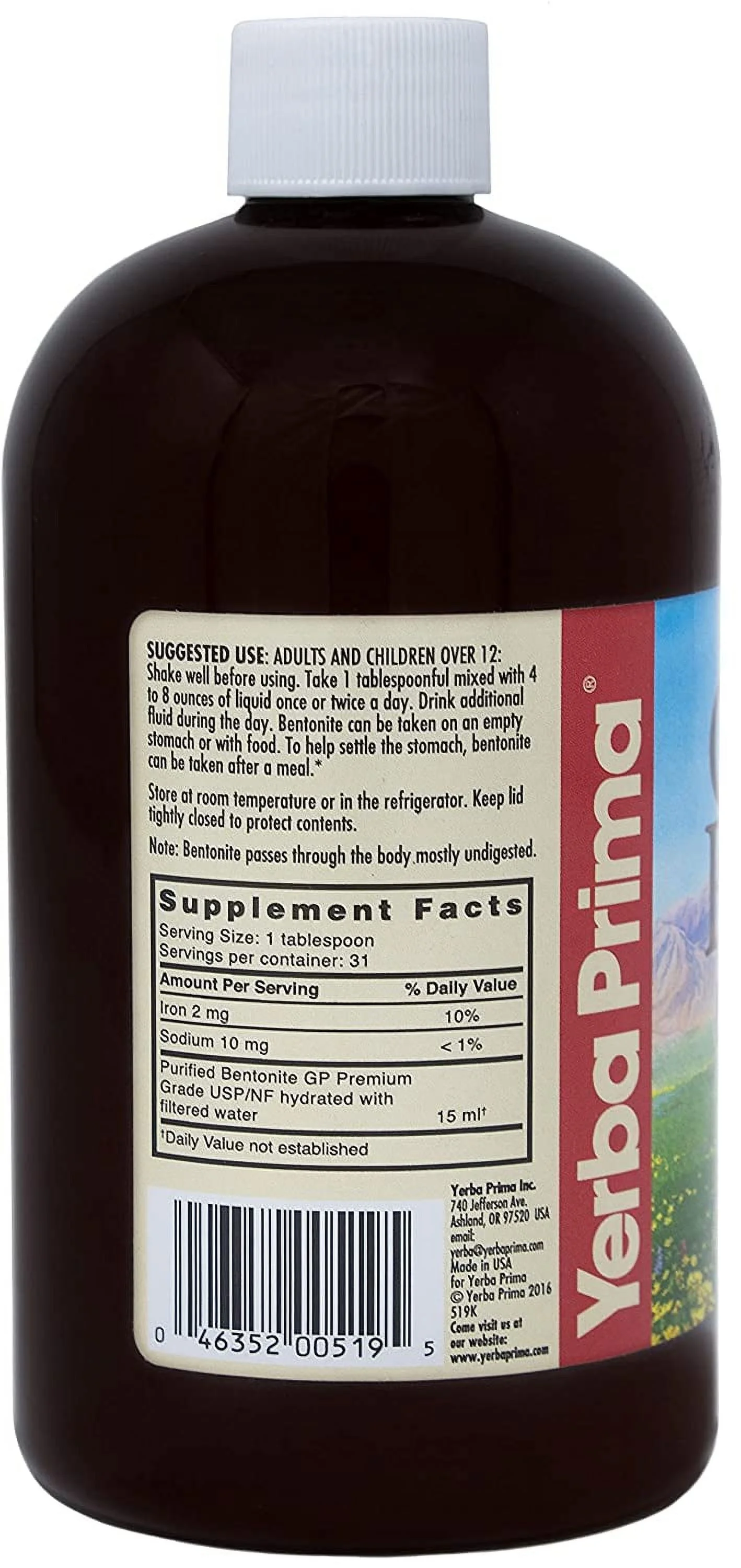 Yerba Prima Bentonite, Detox Pint, 16 Ounce - Liquid Clay Supplement - Food Grade - Natural Internal Cleanse