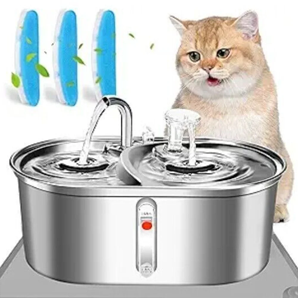 Two Cat Water Fountain Stainless Steel 3L/101oz Automatic Pet Water Fountai