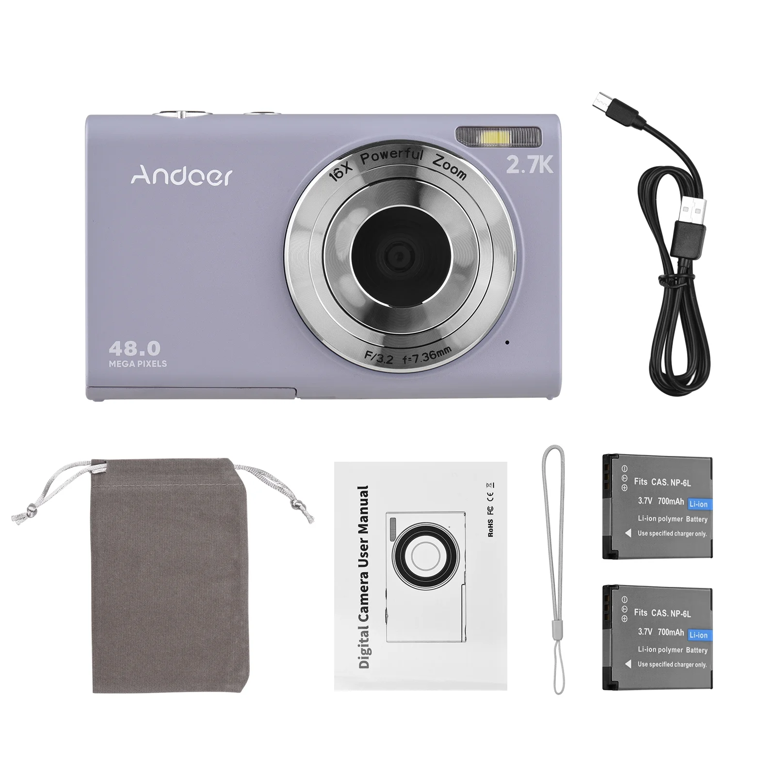 Andoer 2.7K Digital Compact Video Camcorder 48MP Auto Focus 2.88 Inch IPS Screen 16X Zoom -shake Face Detact Smile Capture Built-in Fill with Carry Bag Wrist Strap 2pcs Batteries for Tee