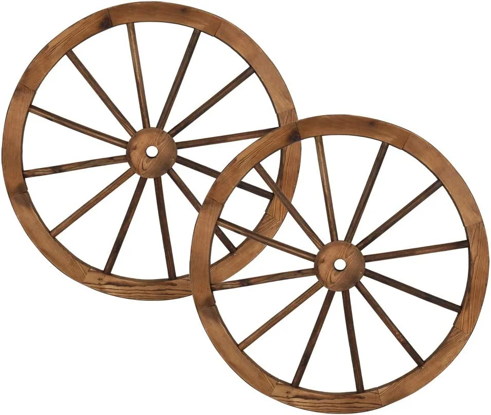 2Pcs Wooden Wheel,Old Western Style Garden Art Wall Decor Wooden Wagon Wheel Brown (30-Inch)