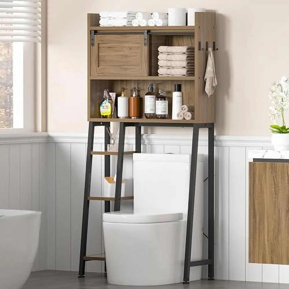 NLIBOOMLife Farmhouse Over The Toilet  Cabinet  Bathroom  Organizer with Sliding Barn Door and 3- Stand  Space-Saving Above Toilet  Rack for Bathroom  Laundry (Rustic Brown)