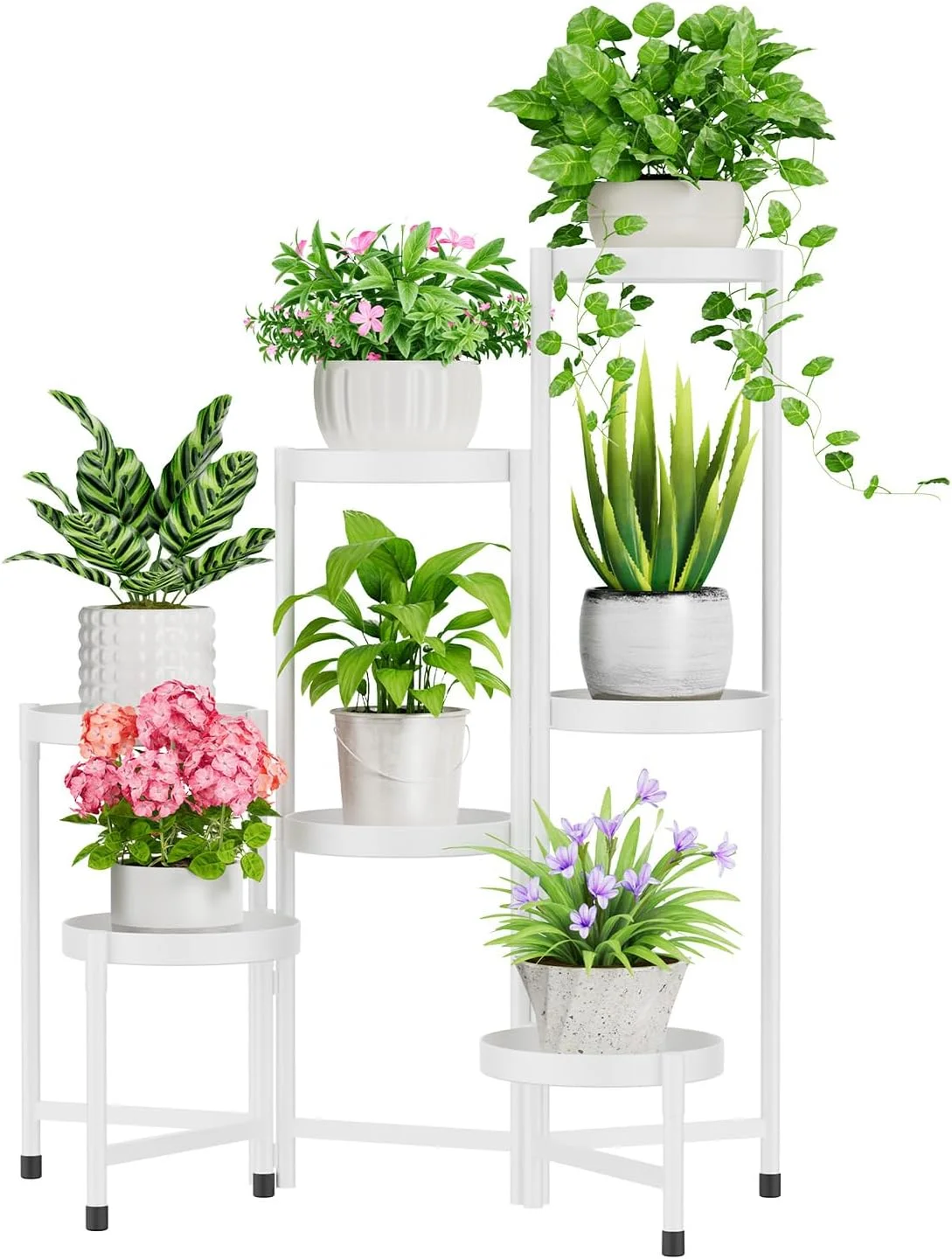 7 Tier Metal Plant Stand: Indoor/Outdoor Tall Corner Shelf for Multiple Plants, Folding Flower Display Rack (White)