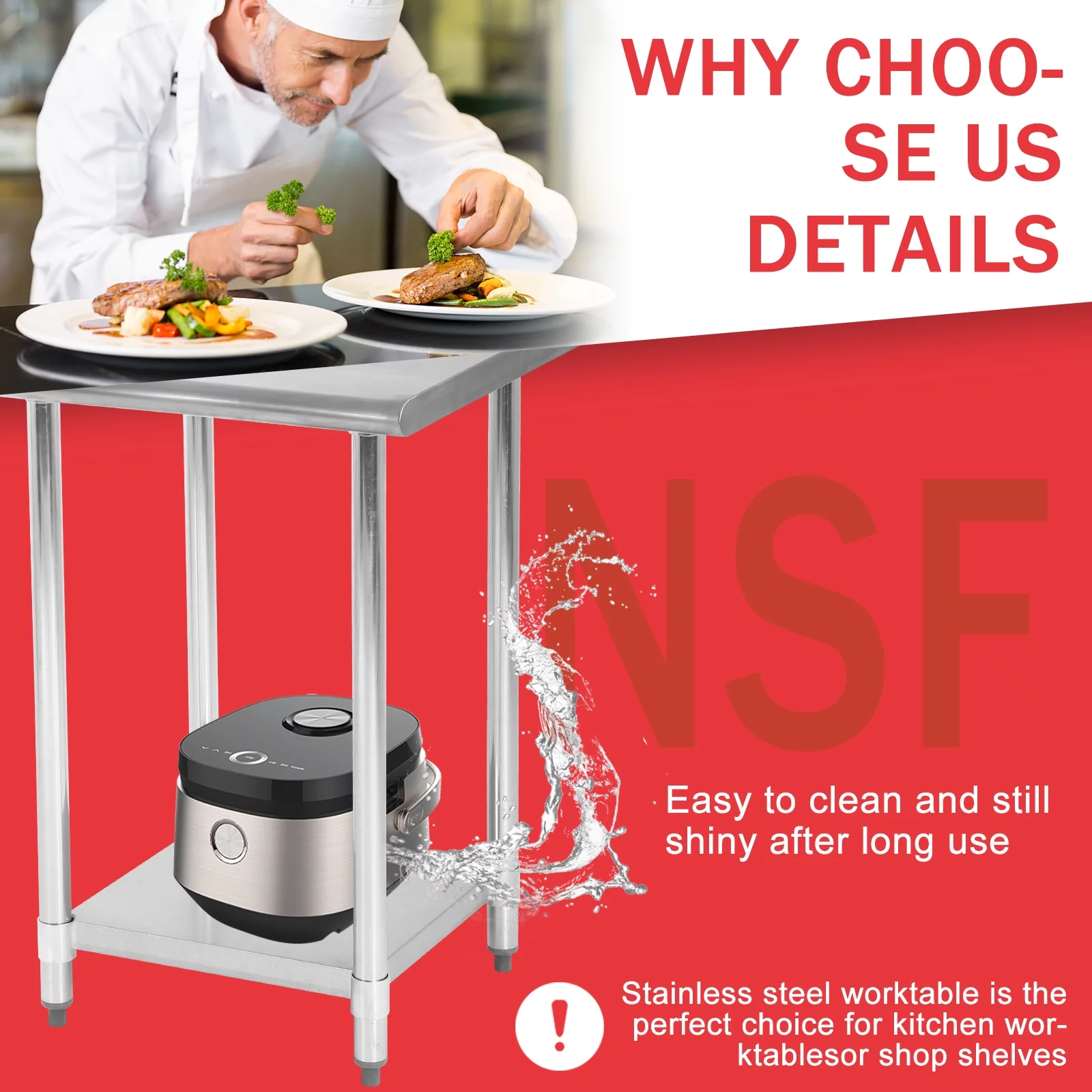 YRLLENSDAN 24x24 Commercial Kitchen Work Table Stainless Steel Work Table with Under Shelf Heavy Duty Metal Worktable with Adjustable Feet for Restaurant Home and Hotel