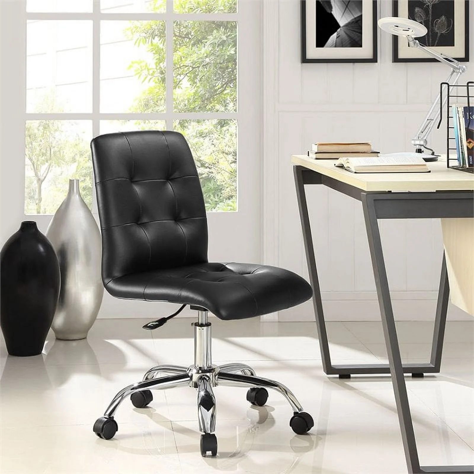 Home Square Faux Leather Mid Back Swivel Office Chair in Black ( Set of 2 )