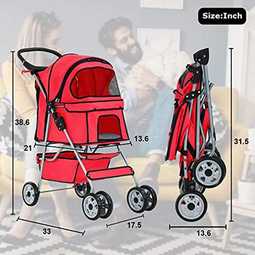 4-Wheel Pet Stroller Dog Cage Stroller Travel Folding Carrier Cat Puppy Stroller w/Wheels&Cup Holders&Storage Basket, Fold-able Pet Strollers for Cats/Dogs, Red