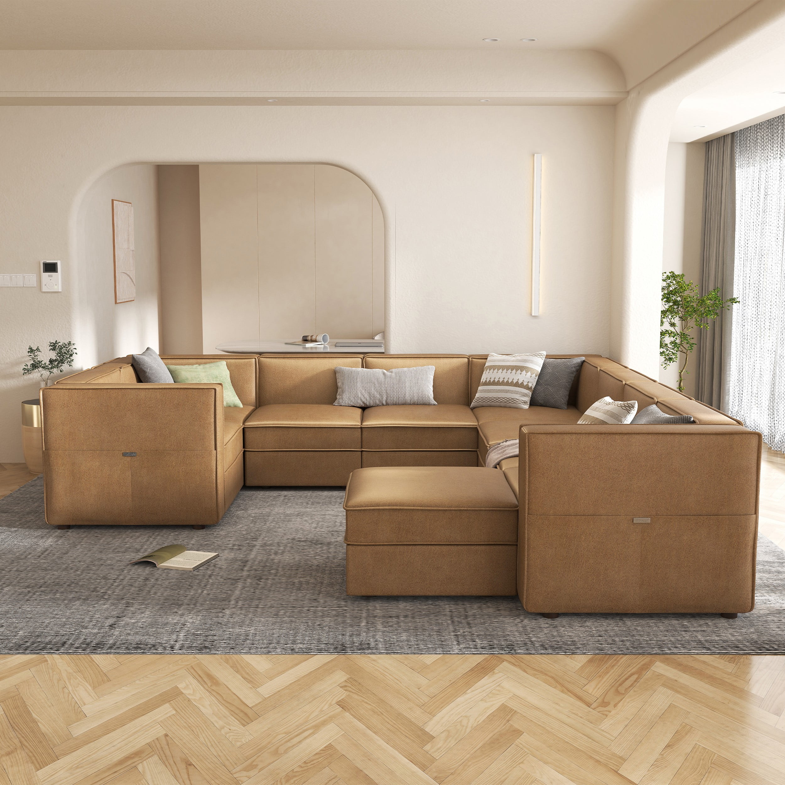 Nolany Reversible Sectional Sofa with Ottomans & Chaises Modular Sofa U Shaped Couch with Storage Pockets and Seats, Caramel Brown
