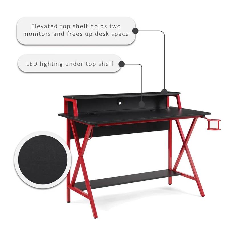 Linon Grayson LED Metal and Wood Gaming Desk in Black and Red