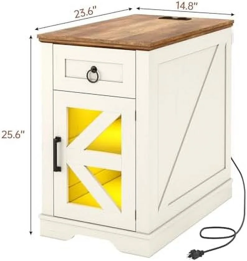 HYHBIBOOM End Table  with LED Lights & Charging Station  Farmhouse Wooden Set 2  with Sliding Drawers  Narrow Nightstand with LED Lights for Bedroom  Living Room (White  2PCS)