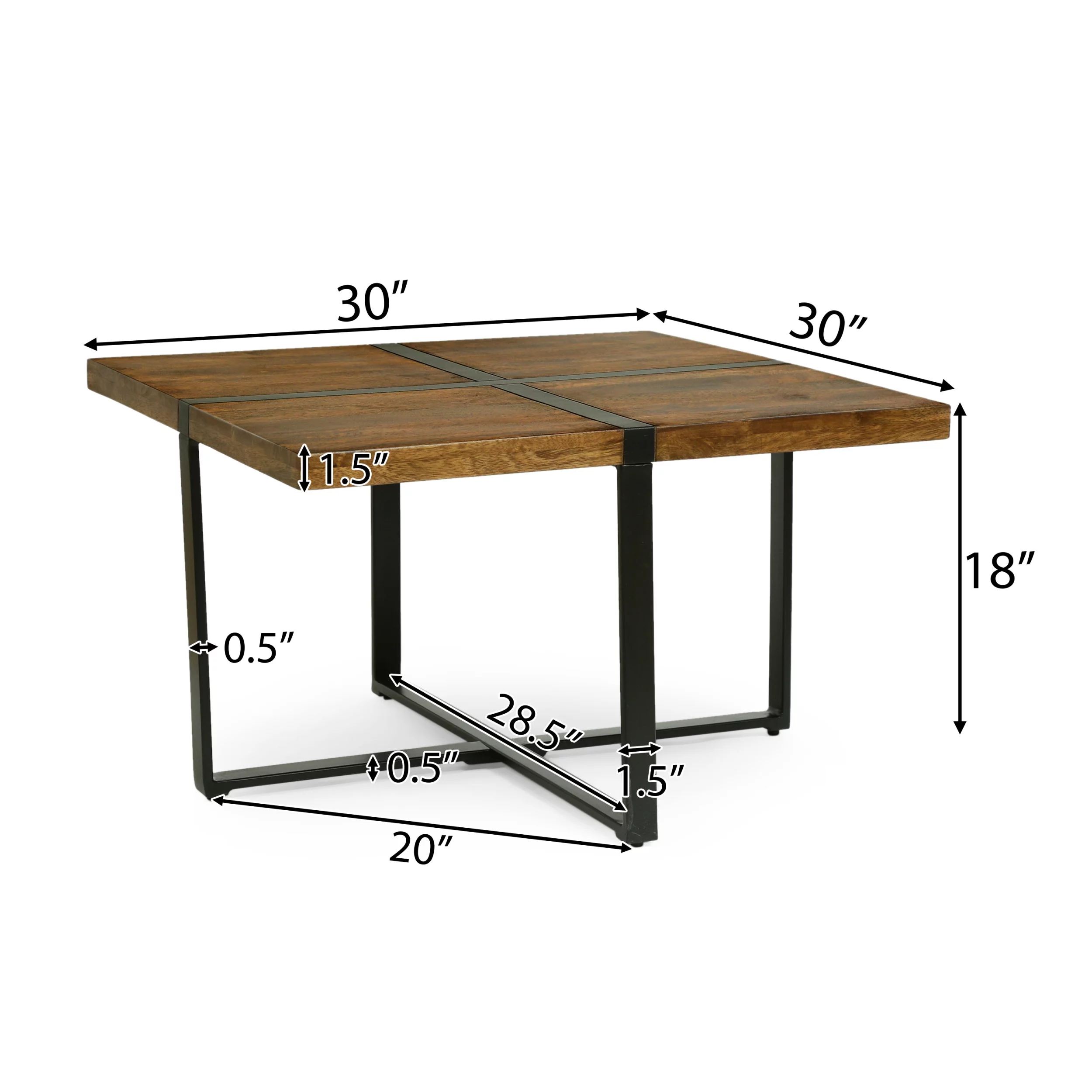 Noble House Parkey Mango Wood and Metal Handmade Square Coffee Table, Walnut Brown and Black