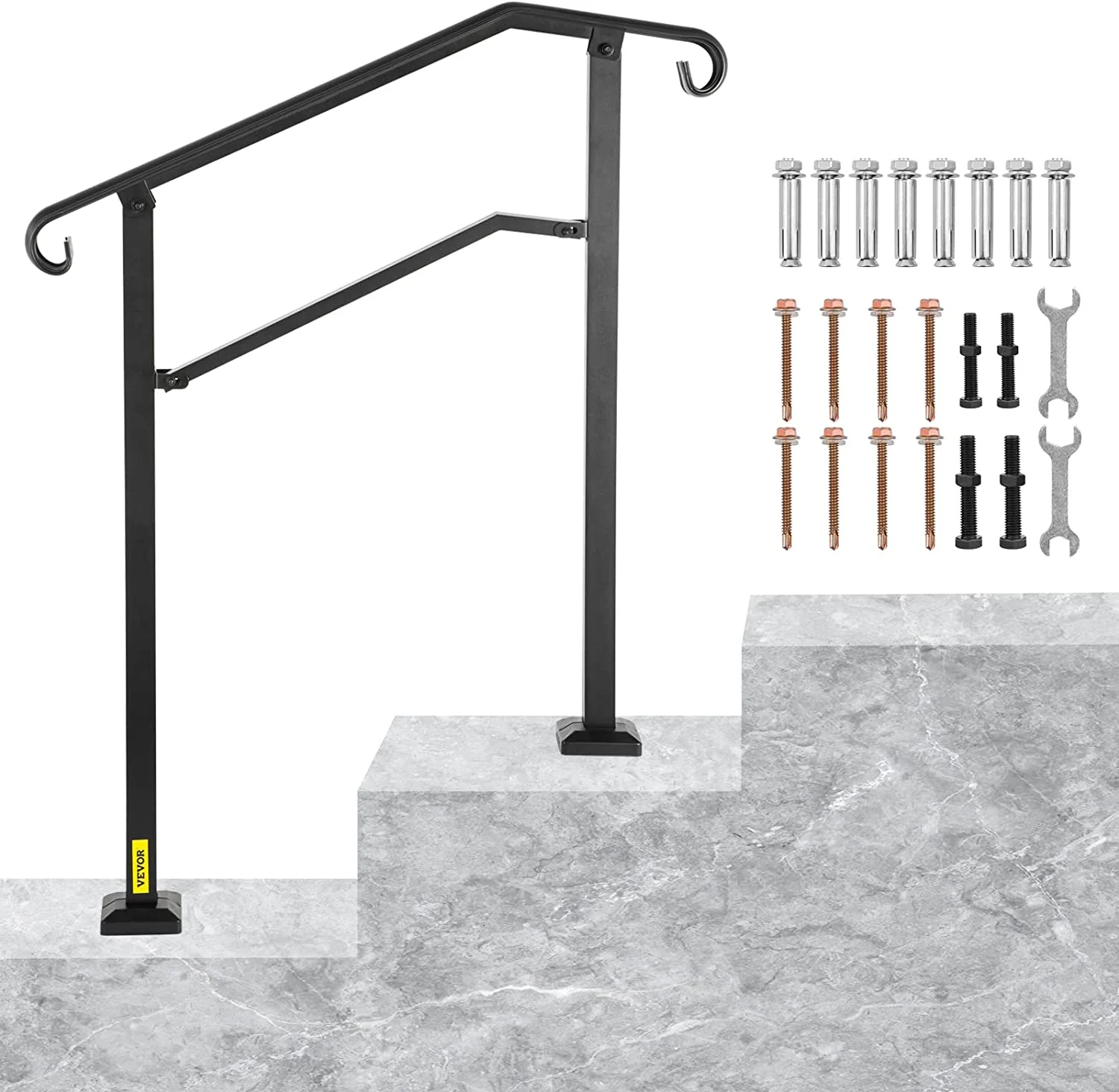YANPO Outdoor Stair Railing, Fit 2 or 3 Steps Alloy Metal Handrailing, Front Porch Flexible Transitional Handrail, Arch Step Rail with Installation Kit, for Concrete or Wooden Stairs, Black