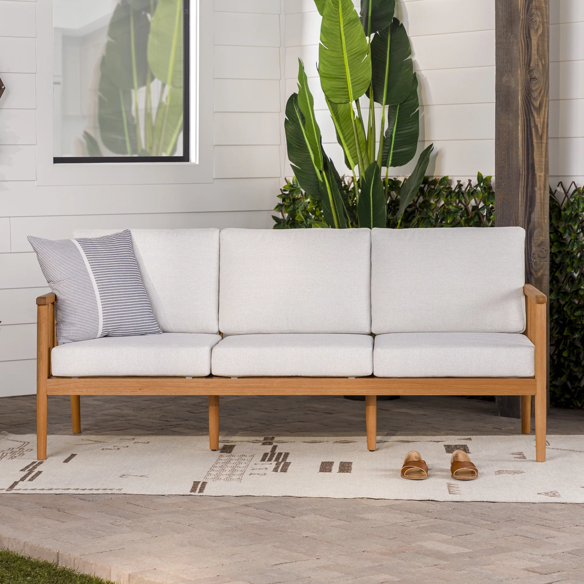Walker Edison Modern Solid Eucalyptus Wood Outdoor Triple Loveseat, Natural