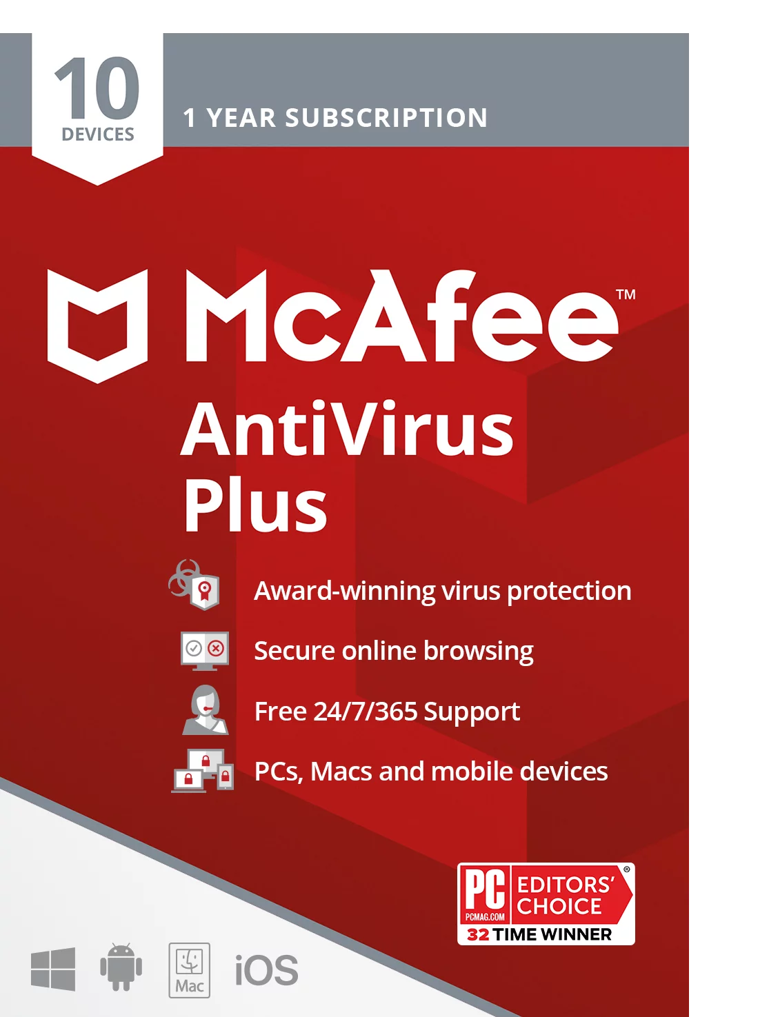 McAfee® AntiVirus Plus, Internet Security Software, 10 Devices, 1 Year Subscription – Product Key