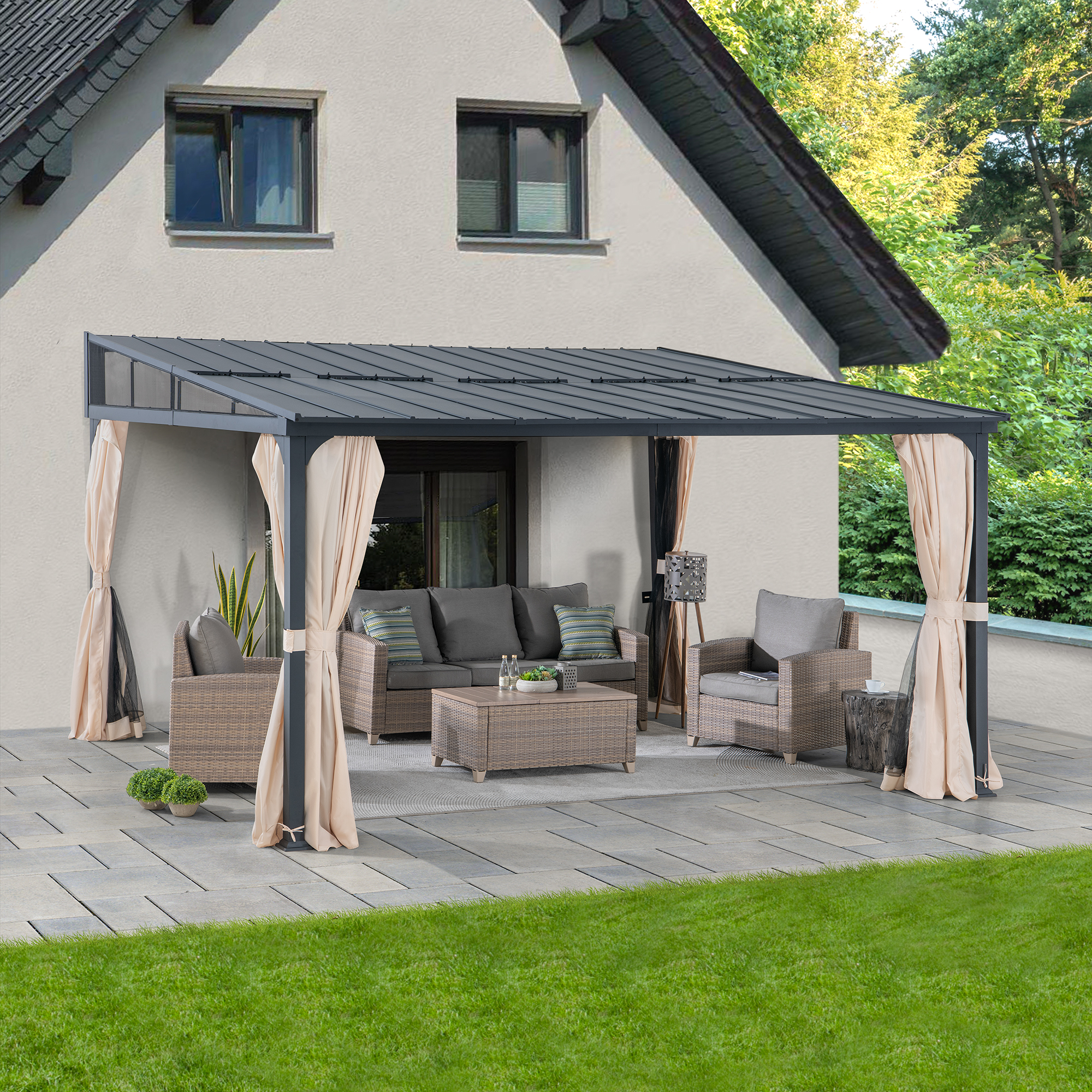 Sunjoy 12’ x 14’ Wall Mounted Gazebo with Powder Coated Steel Roof, Black Aluminum & Metal Frame Lean to Gazebo with Curtains and Netting