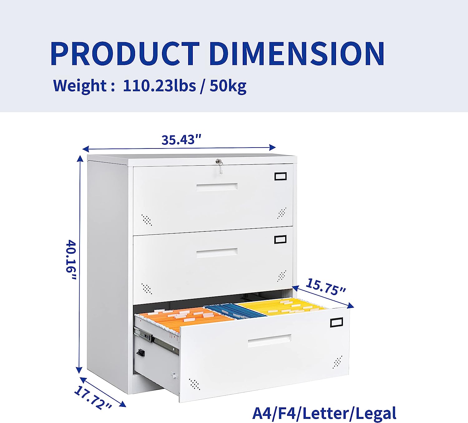 AngLink 3 Drawer Lateral Filing Cabinet for Legal/Letter A4 Size, Large Deep Drawers Locked by Keys, Locking Wide File Cabinet for Home Office, Metal Steel
