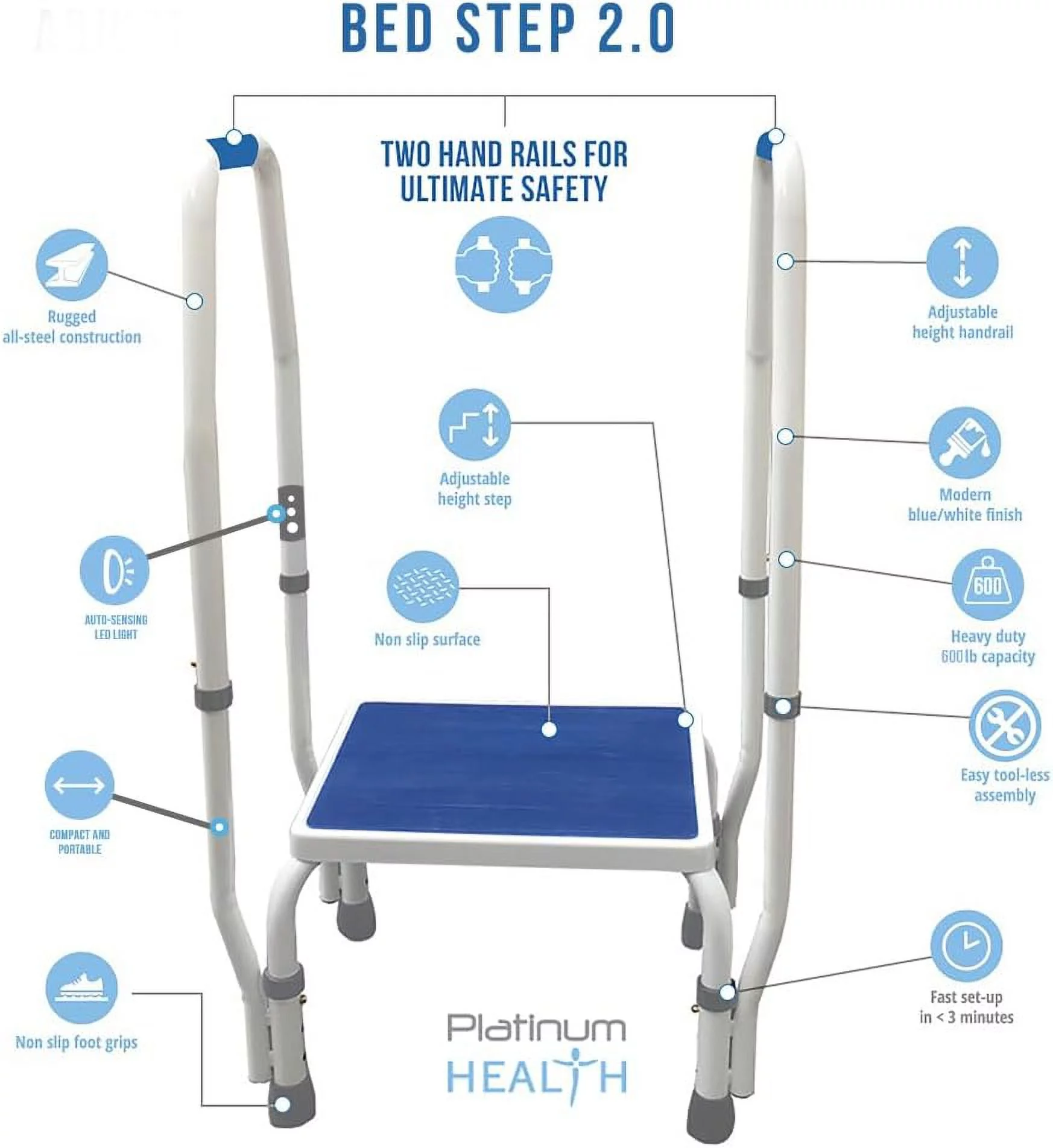Bed Step 2.0 Voted #1 Step to Bed. Adjustable Height Step Stool/Motion Activated Light. Portable Medical Step Stool for easy bed entry/exit. Double Handle for Extra Safety. Heavy Duty 600lb Capacity.
