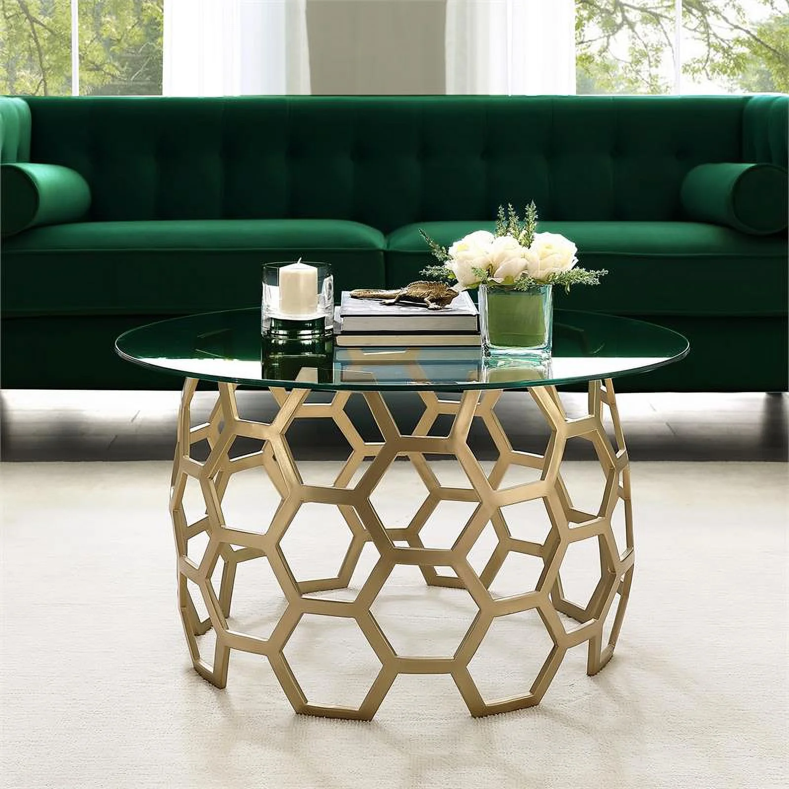 Bowery Hill Round Glass Top Coffee Table in Gold