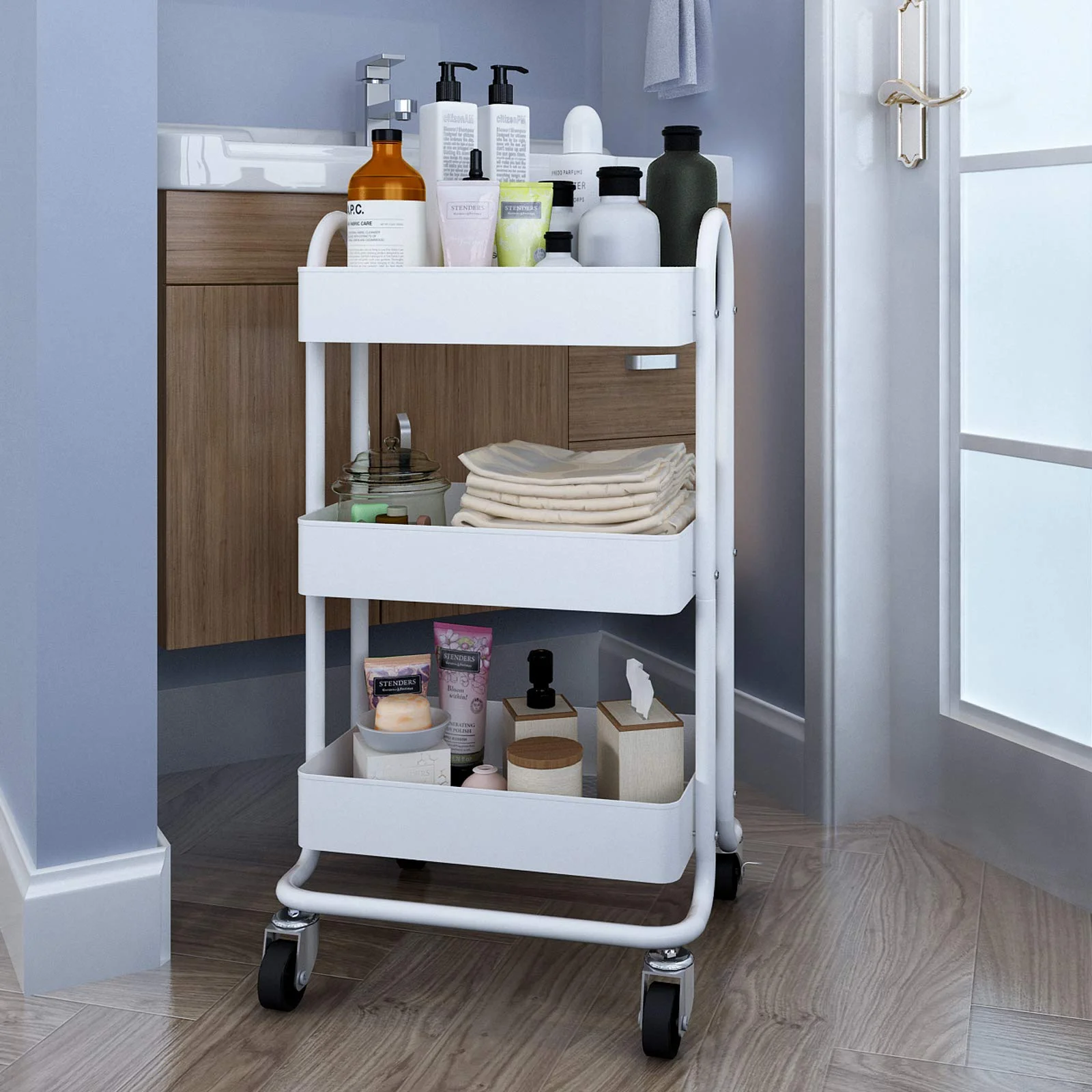 HONGGE 3 Tier Rolling Cart Metal Utility Carts with Wheels, White