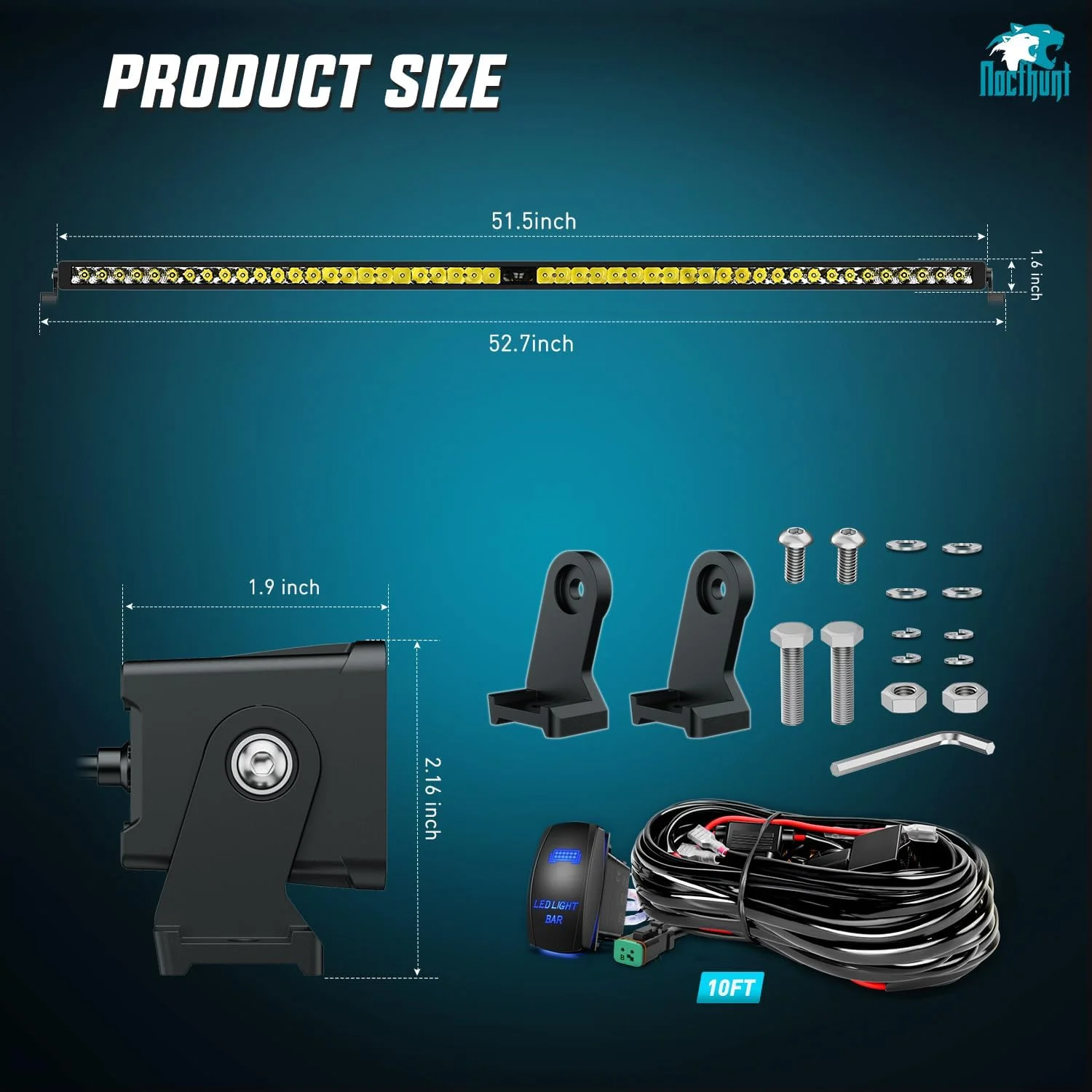 Nilight LED Light Bar 52inch 49LED Single Row Spot LED Lights Screw-Less Night Vision Off Road Lights w/14AWG Rocker Switch Wiring Harness Kit for Driving Light on Truck ATV UTV, 2 Years Warranty