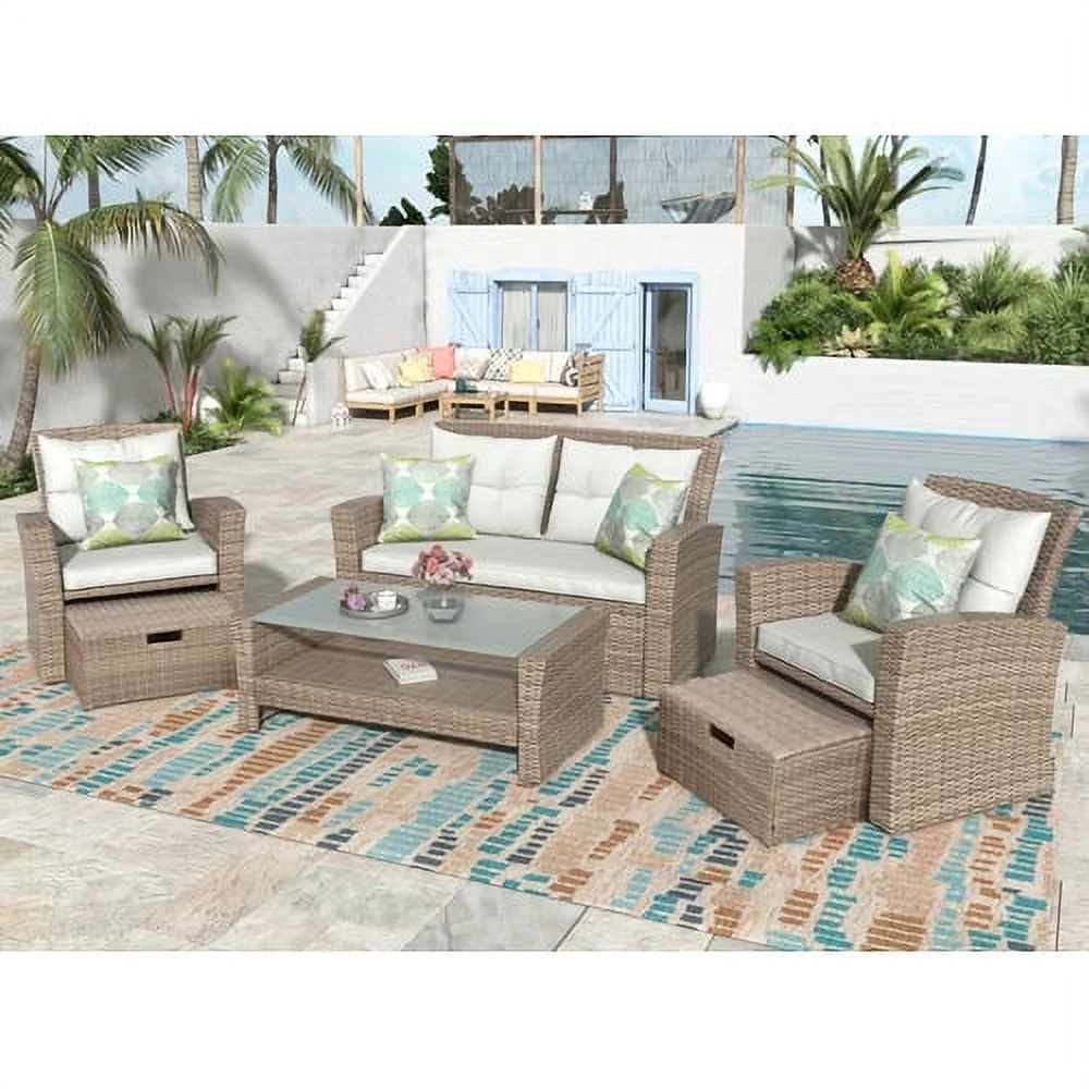 Patio Furniture Set, 4 Piece Outdoor Conversation Set All Weather Wicker Sectional Sofa with Ottoman and Cushions