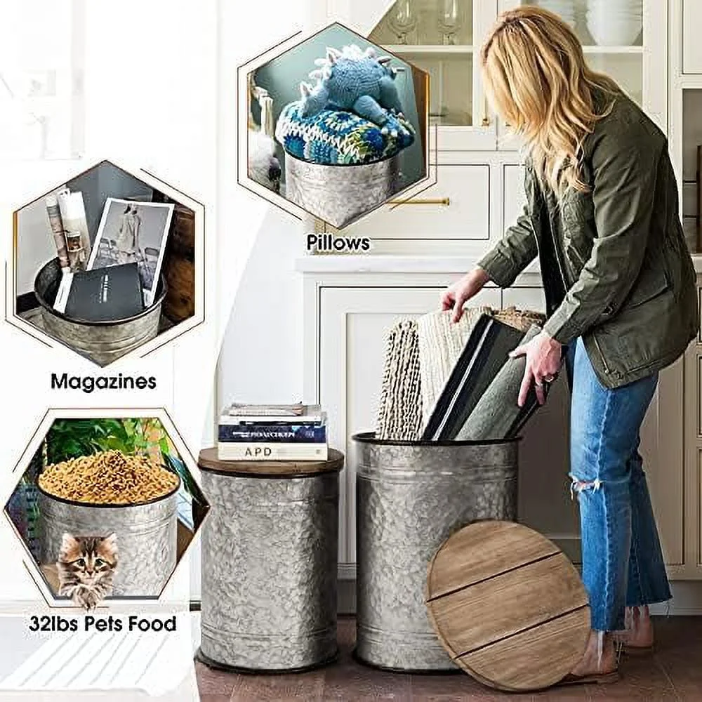 FDSHOIYN Rustic  Bins Farmhouse End Table Farmhouse  Galvanized Metal Stool Ottoman Seat with Round Wood Lid